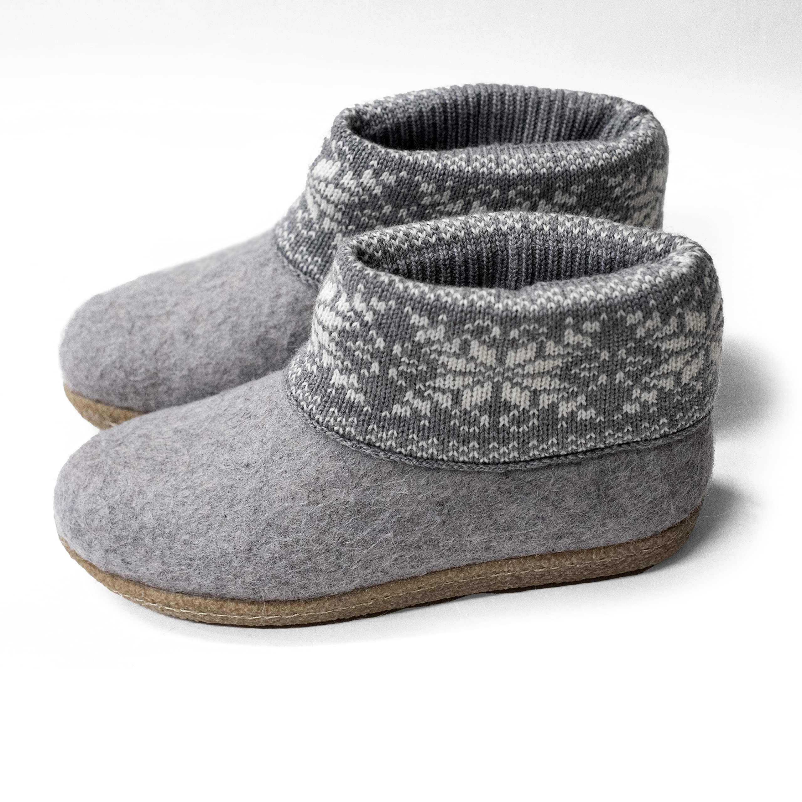 Women's Handmade Warm Wool Boot Slippers with Scandinavian Knit Collar - Cozy Indoor/Outdoor House Shoes with Rubber or Leather Outsole for Winter Comfort & Nordic Style