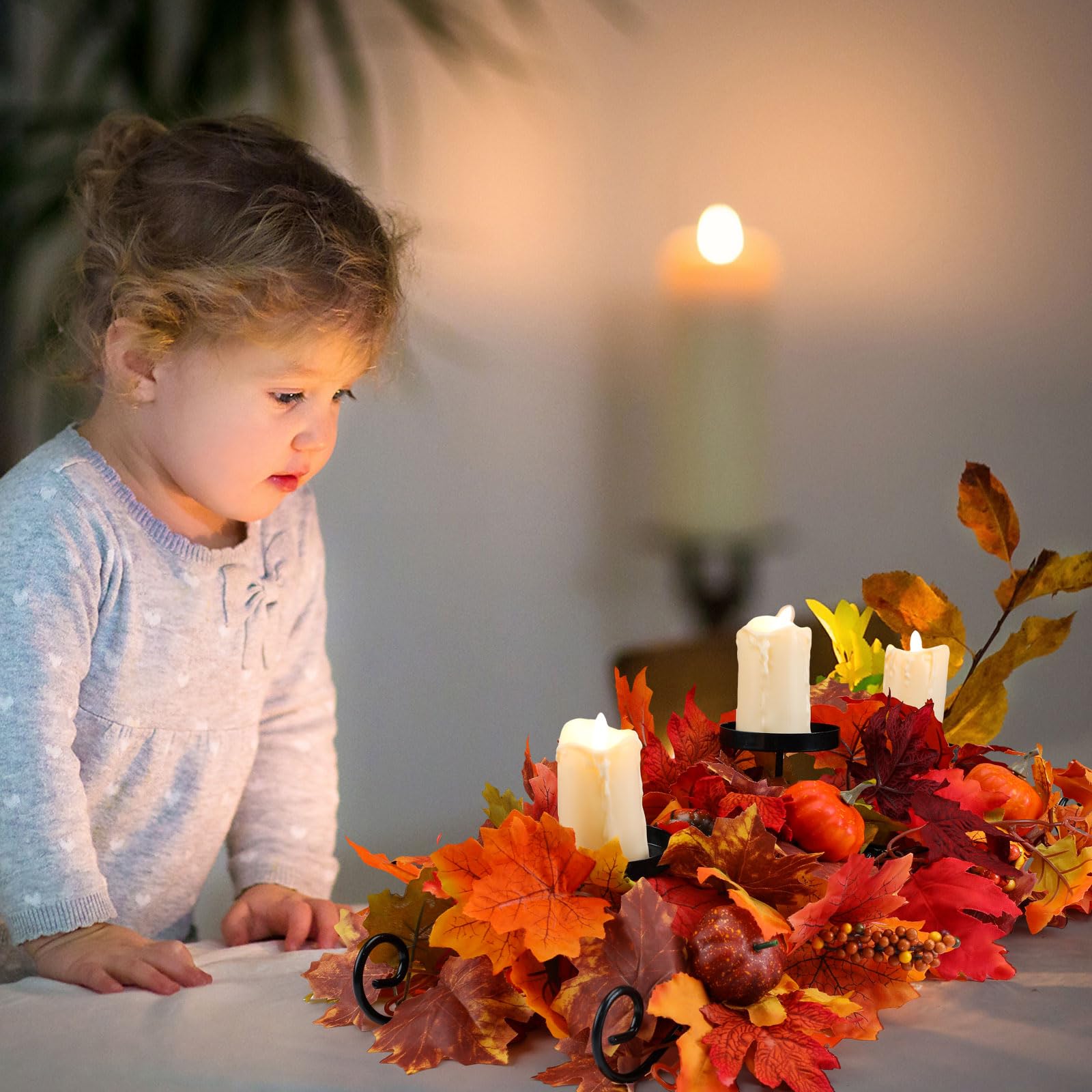 Maple Leaf Candle Holder Centerpiece with Pumpkin & Berries - Fall Thanksgiving Table Decor for Autumn Harvest (Bright Style) | Perfect for Dining Table Centerpieces, Thanksgiving Decorations & Seasonal Home Decor