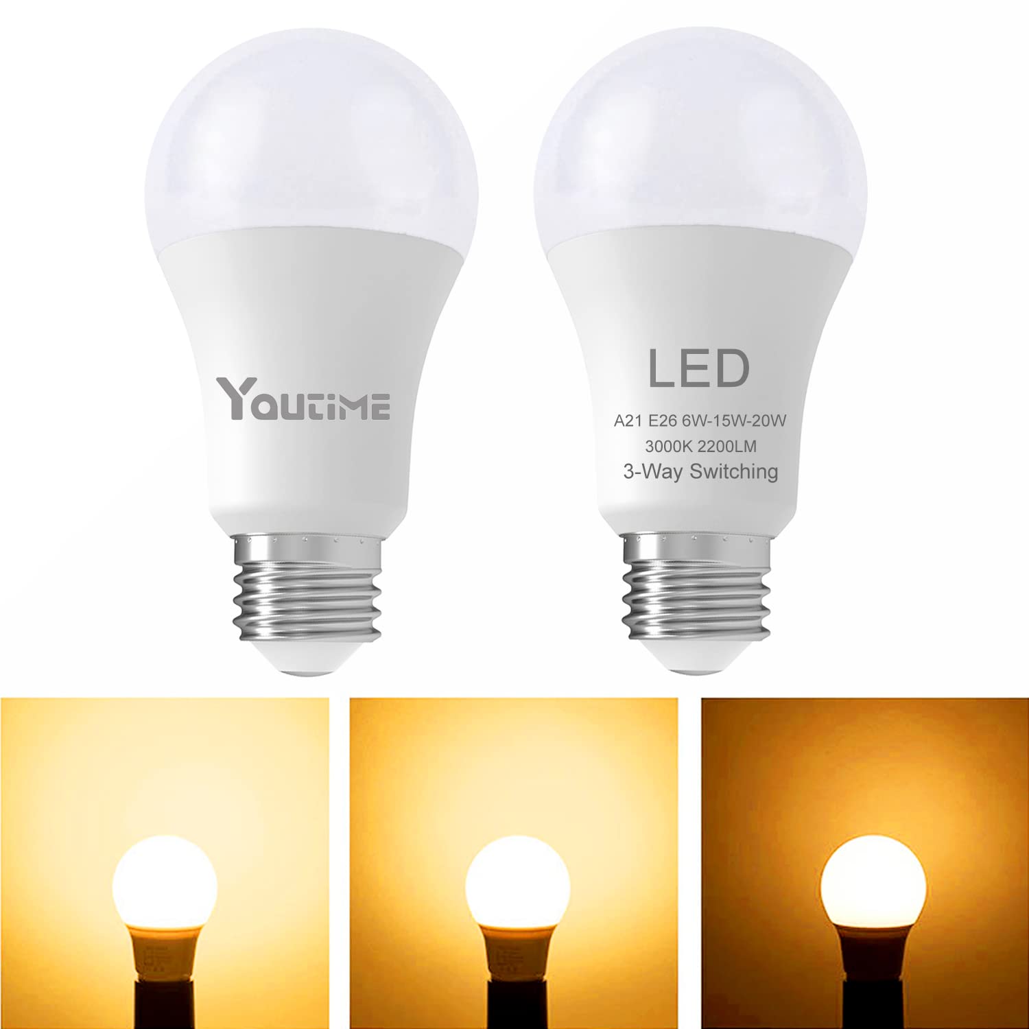 Soft White 3-Way LED Light Bulbs (50/100/150 Watt Equivalent, 3000K) - A21 Energy Saving Bulbs (6W/15W/20W, 500/1600/2200 Lumens) with E26 Base - 2 Pack - Perfect for Lamps, Ceiling Fixtures & Home Lighting