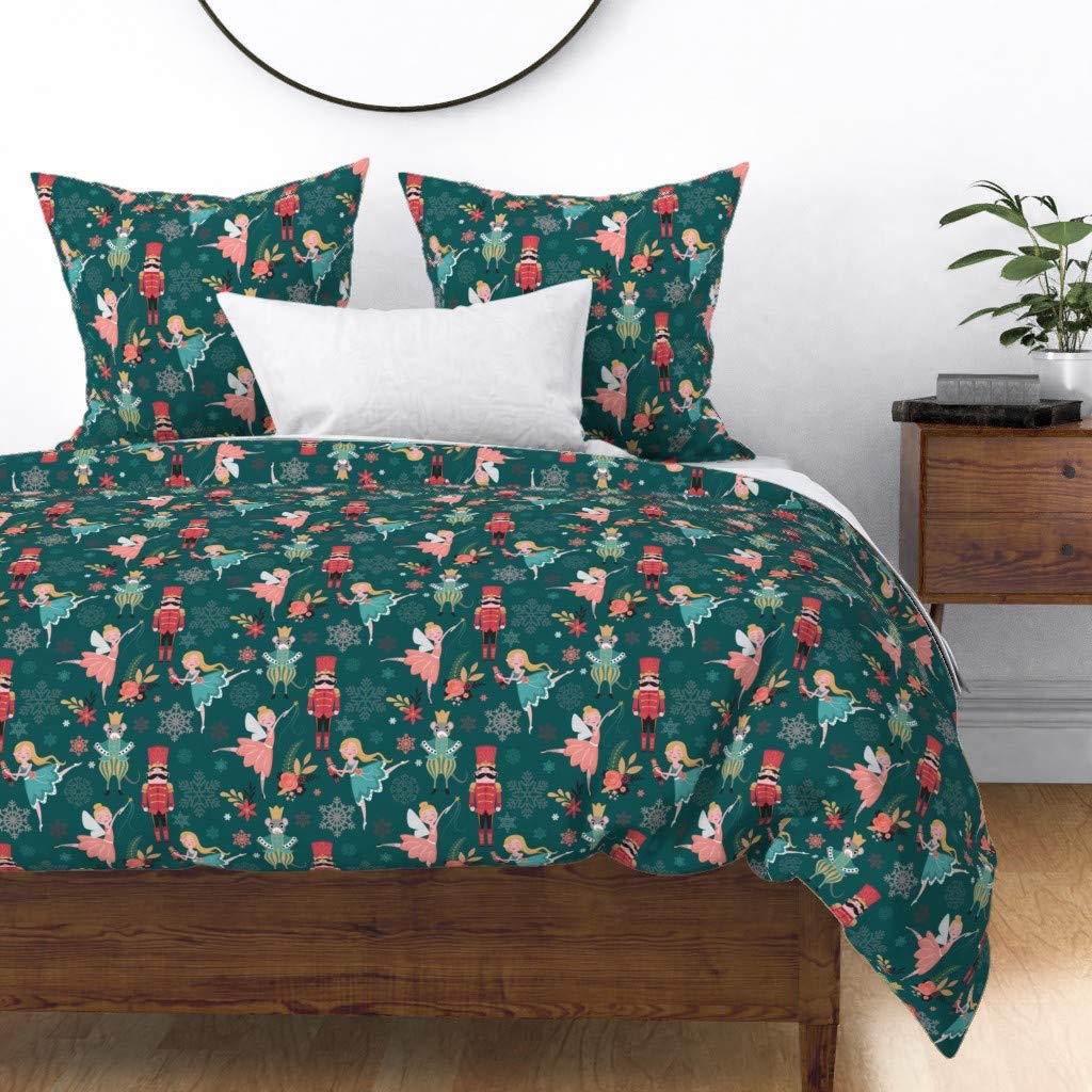 Custom Nutcracker Ballet Christmas Duvet Cover - Full/Queen Size Cotton Sateen Bedding with Ballerina & Snowflake Print | Perfect for Holiday Decor & Cozy Winter Nights