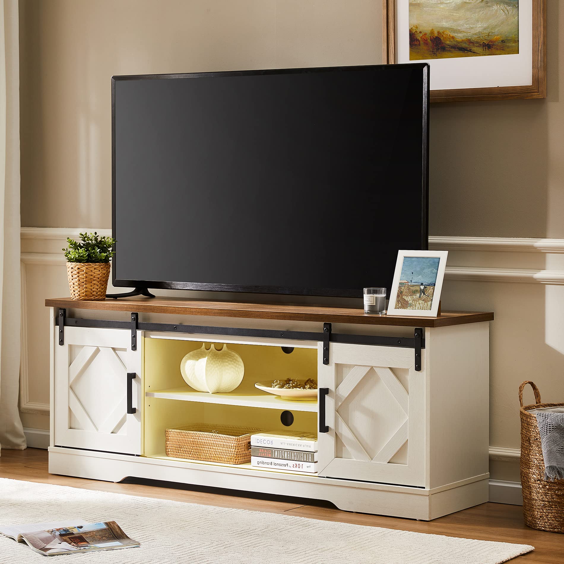 WAMPAT 65 Inch Farmhouse TV Stand with Storage - Rustic Wood Entertainment Center for Living Room, Bedroom & Home Theater - White