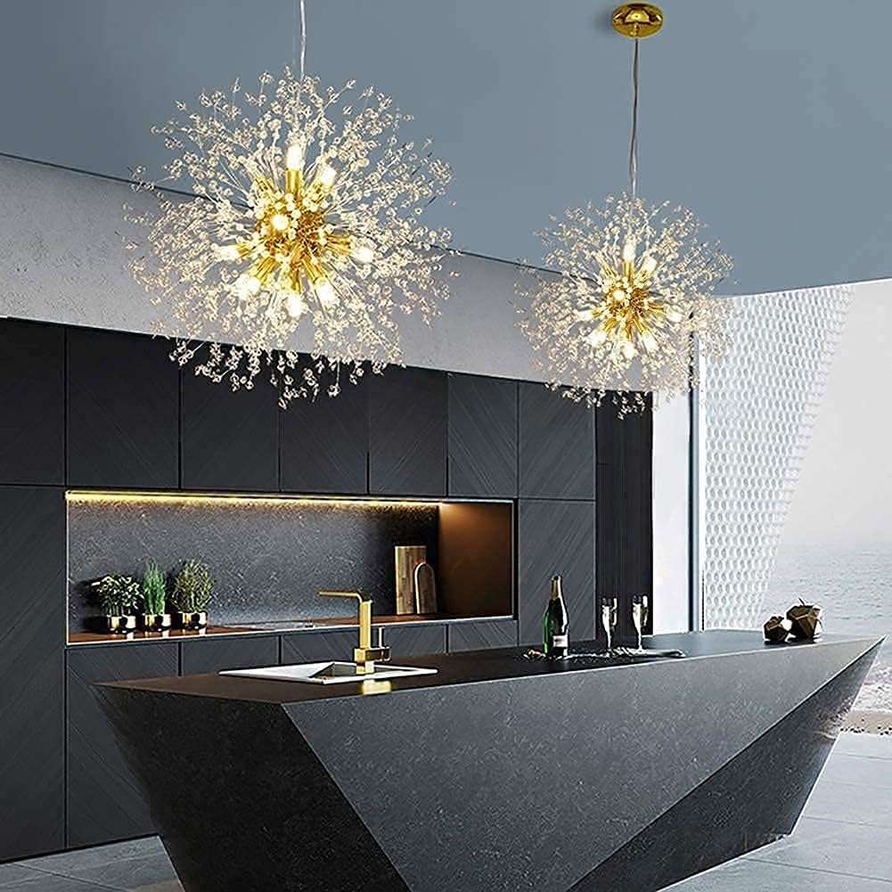 Vikaey Modern Dandelion Firework Chandelier - 12-Light Gold Crystal Pendant Lighting for Dining Room, Living Room, Bedroom, Entryway & Bathroom | Elegant Ceiling Fixture for Home Decor, Wedding & Luxury Interior Design