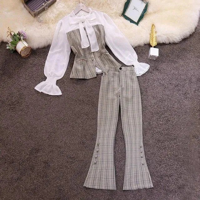 Stylish Women's Flared Plaid Pantsuit - Trendy Office & Casual Outfit for Work, Party & Everyday Wear