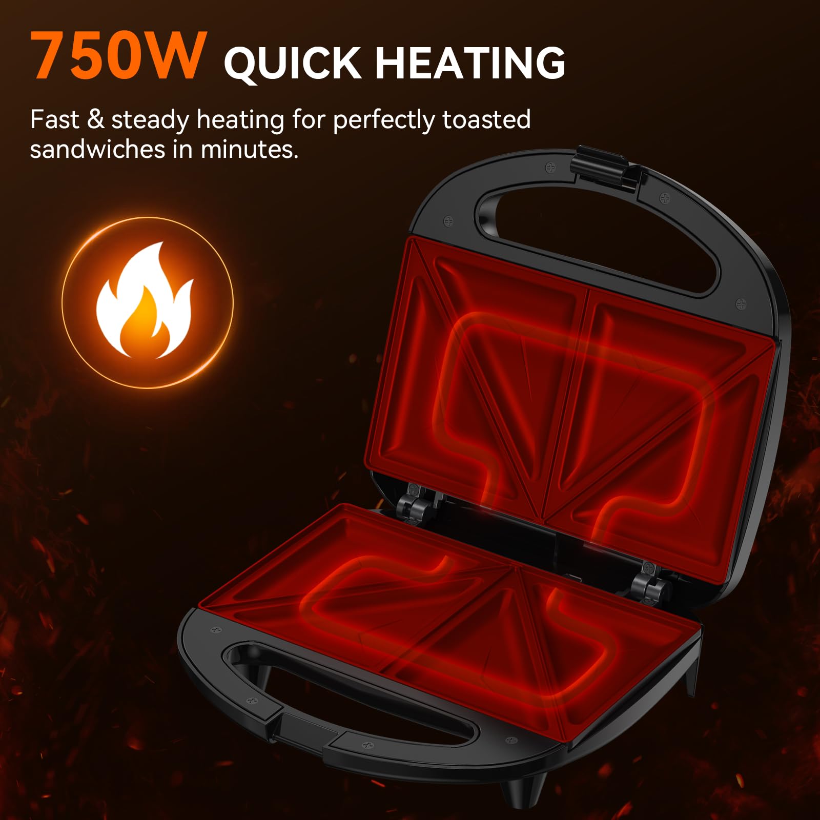 ABS07 Triangle Sandwich Maker - 2 Slice Non-Stick Grilled Cheese Press with Indicator Lights, Cool Touch Handle & Easy Clean Design (750W) - Perfect for Breakfast, Snacks & Quick Meals at Home/Office