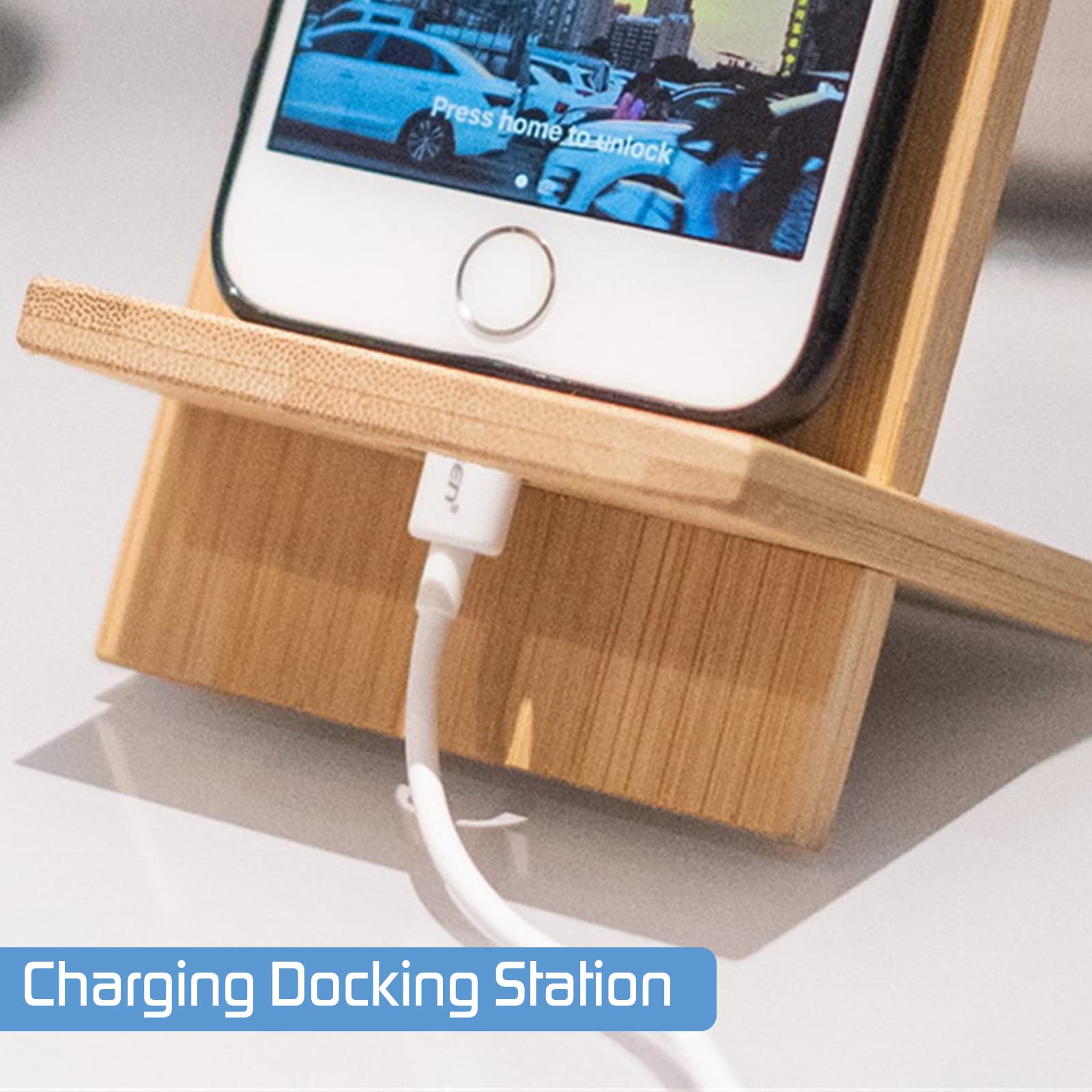 Bamboo Phone Stand with Charging Hole - Detachable & Portable Wooden Mobile Phone Holder for Desk, Office, Car, and Home Use