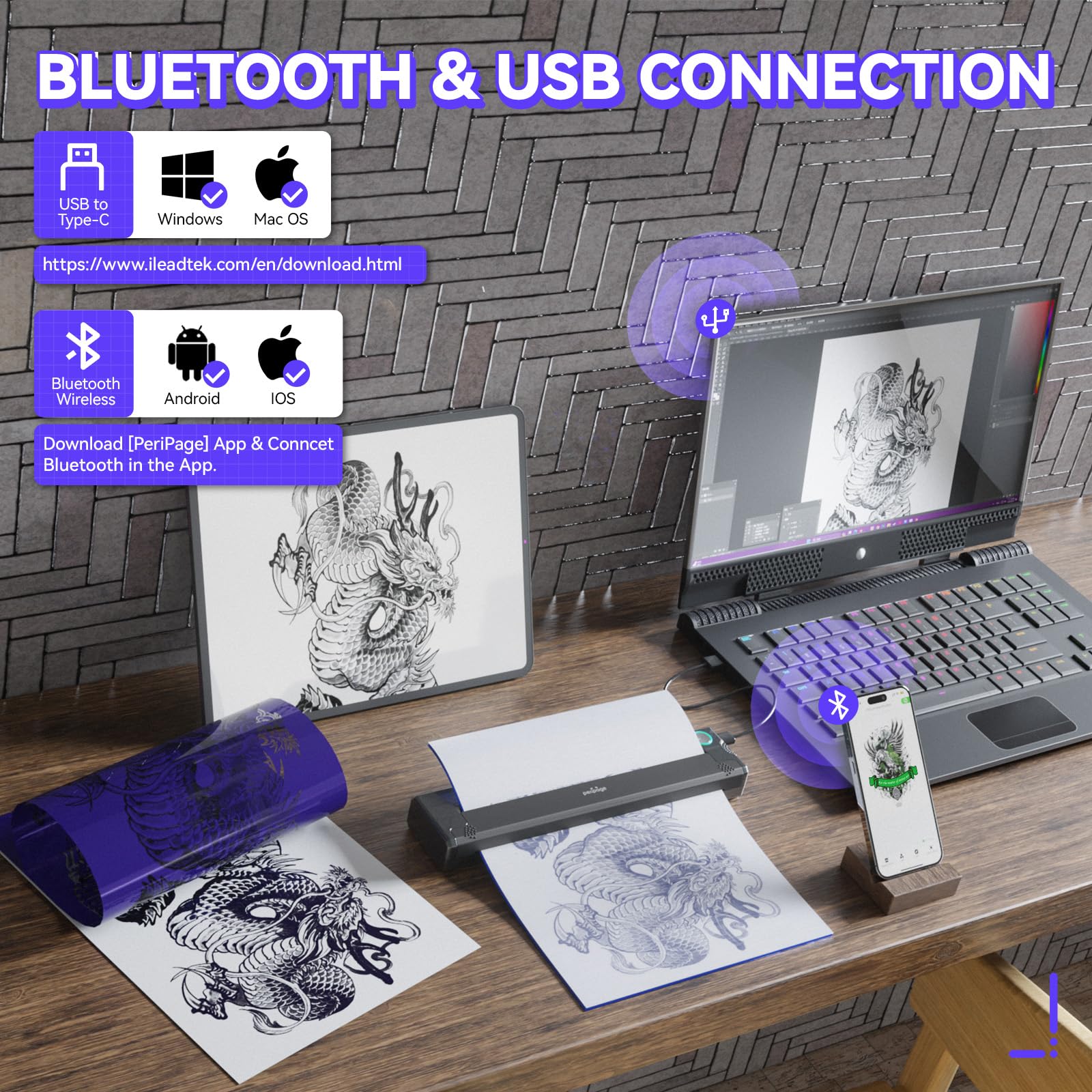 Professional P90 Wireless Tattoo Stencil Printer - Bluetooth & USB Connectivity for Artists & Beginners | Free Stencil Paper Included | Perfect for Tattoo Studios & Home Practice