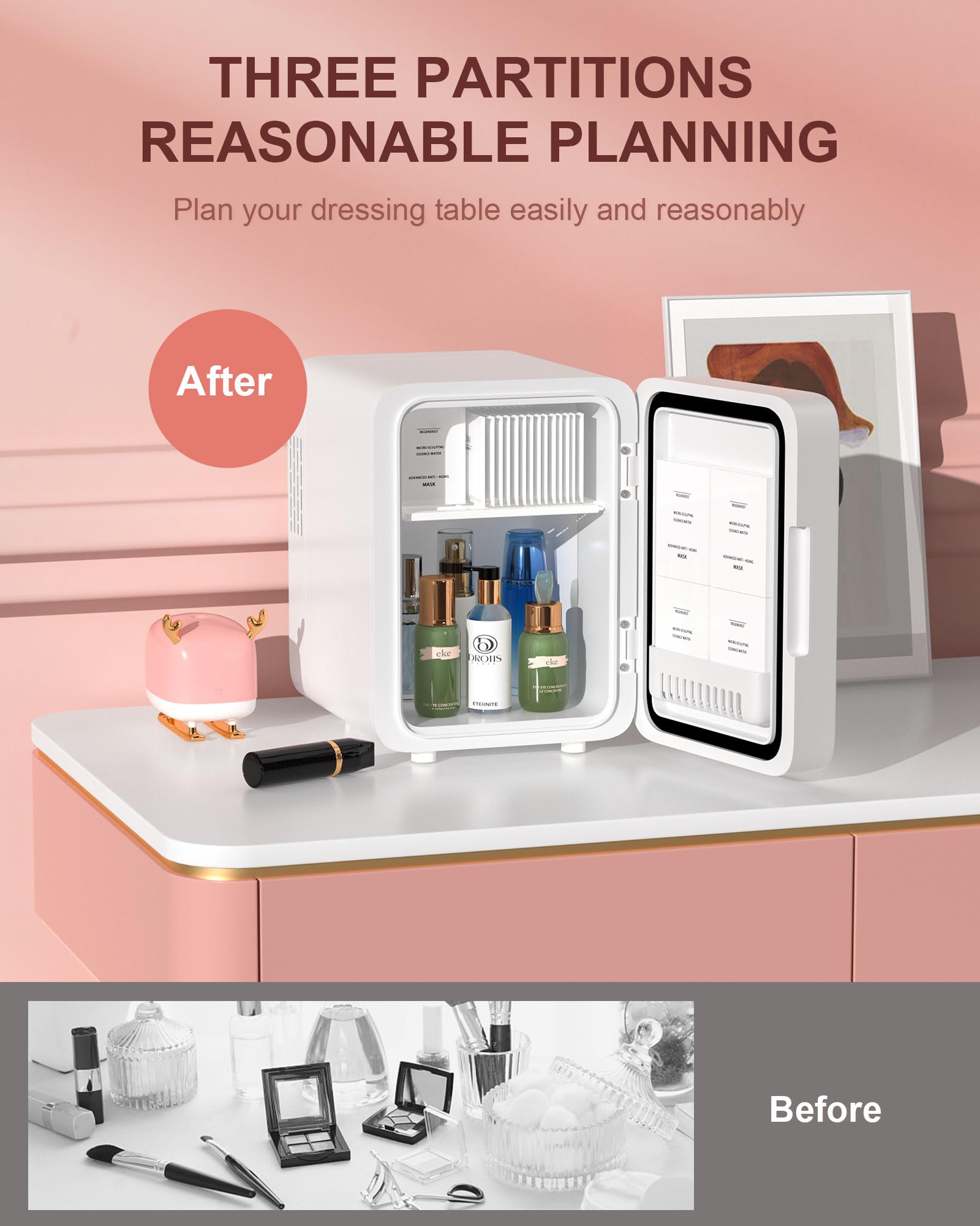 Mini Skincare Fridge with Dimmable LED Light Mirror - 4L Portable Cosmetic Cooler & Warmer for Makeup, Perfumes, Face Masks & Snacks - Perfect for Bedroom, Office, Dorm & Car Travel - Compact White Beauty Refrigerator for Skincare Routine & Food Storage