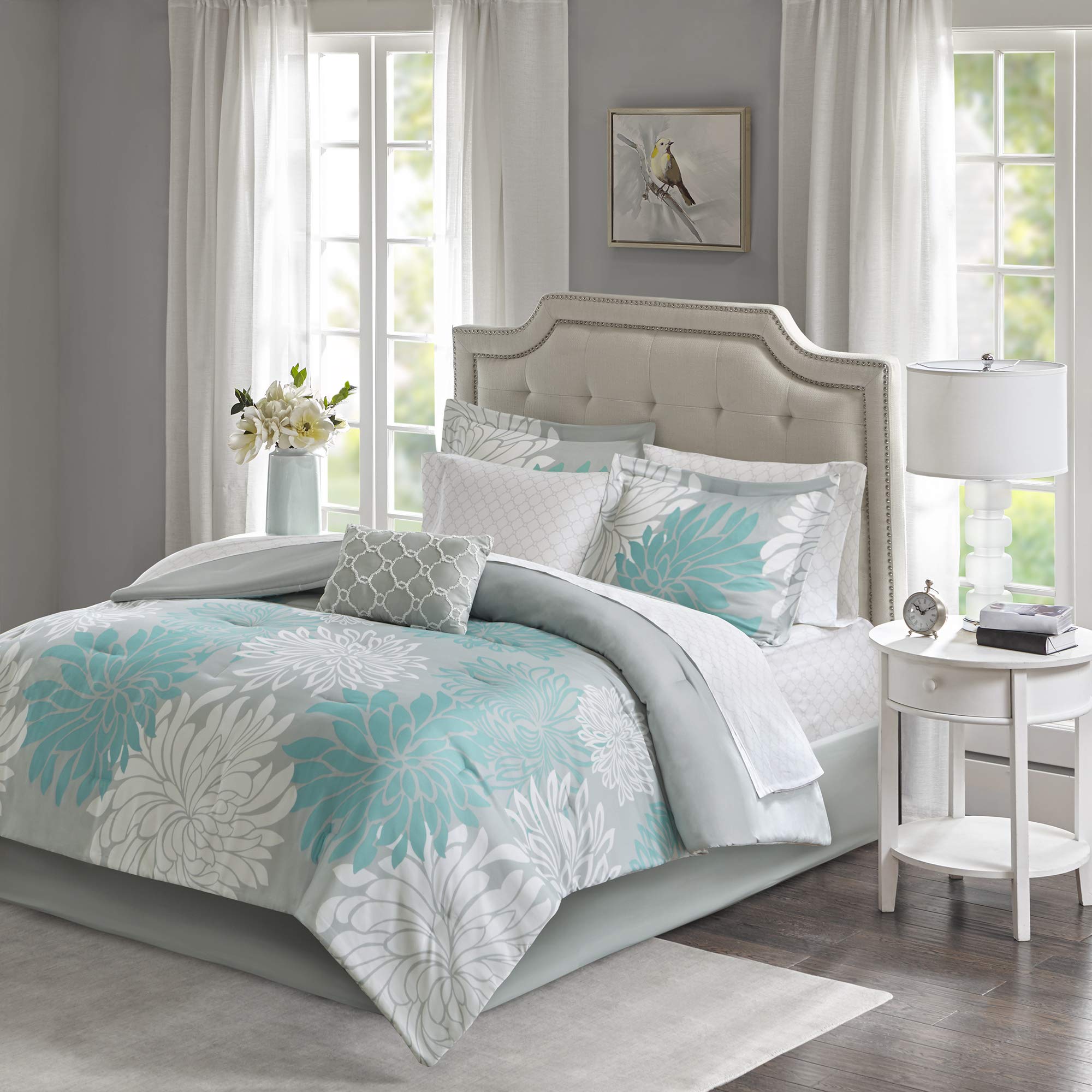 Madison Park Essentials 7-Piece Twin Bed in a Bag Set - Floral Medallion Damask Design All-Season Comforter with Cotton Sheets, Decorative Pillow (68