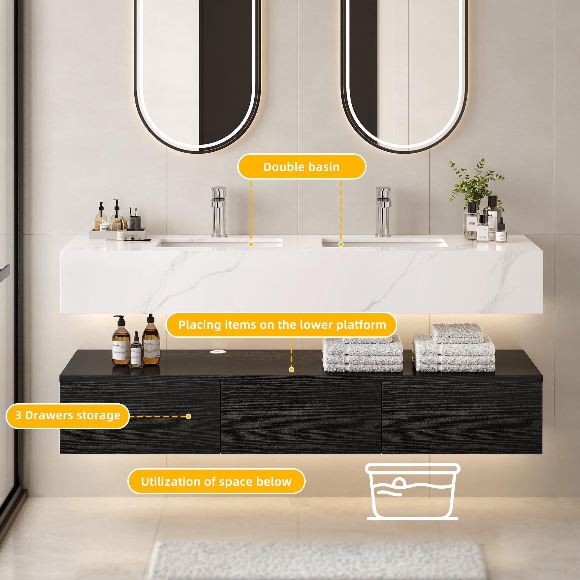 DWVO 60 Inch Floating Bathroom Vanity with Double Sinks - Wall Mounted Storage Cabinet with Sintered Stone Countertop, Ceramic Basin & 3 Drawers - Modern Black Vanity for Master Bathroom, Powder Room or Guest Bath