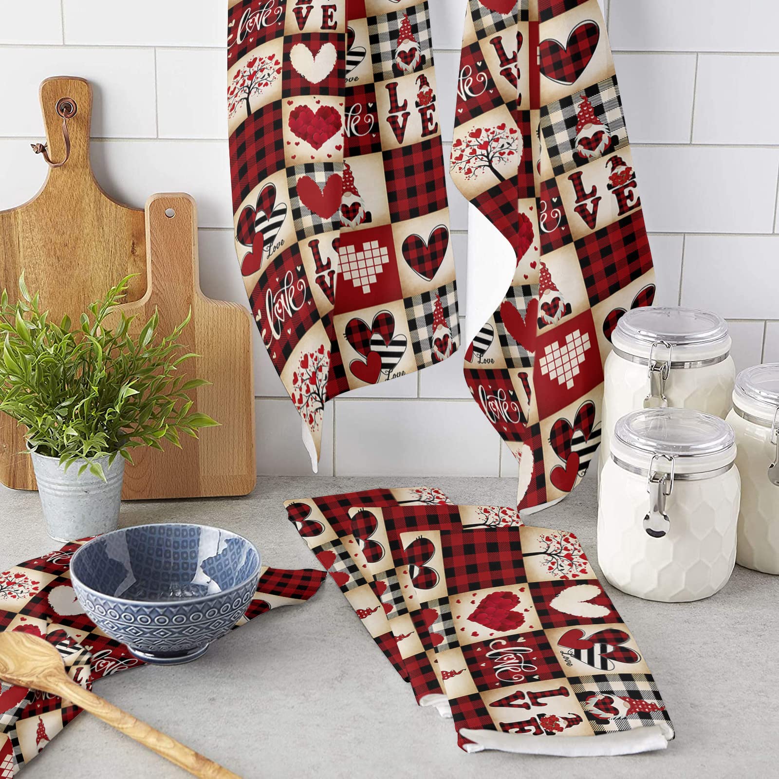 Premium Microfiber Kitchen Towels Set of 2 - Super Absorbent 18x28 Inch Dish Towels, Tea Towels & Bar Towels - Valentine's Day Red Black Buffalo Plaid with Love Heart Design - Perfect for Kitchen Cleaning, Drying Dishes & Holiday Decor