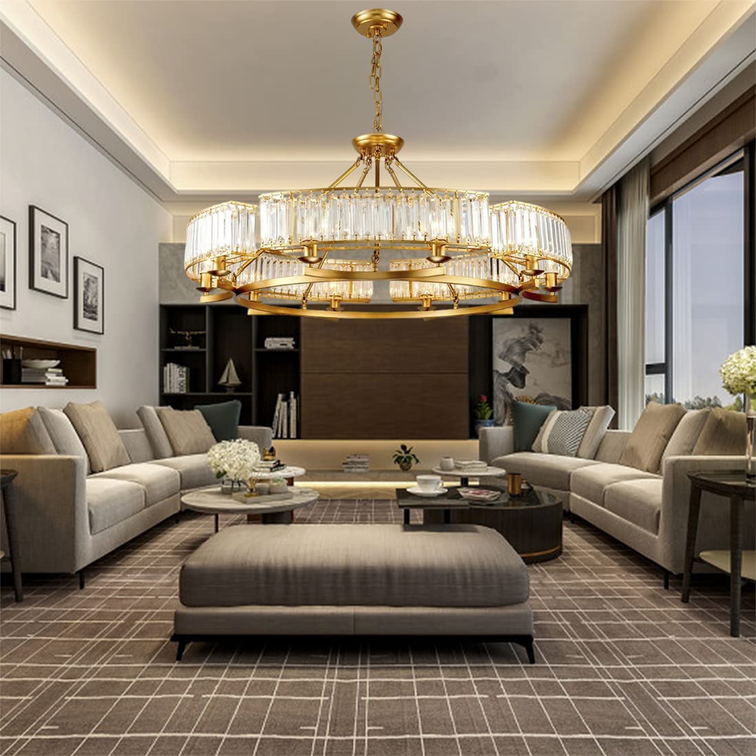 Luxury Gold Modern Round Crystal Chandelier - 6-Light Adjustable Hanging Chain Farmhouse Ceiling Light Fixture for Living Room, Hallway, Dining Room - Elegant Home Decor Lighting for Wedding, Restaurant & Bedroom