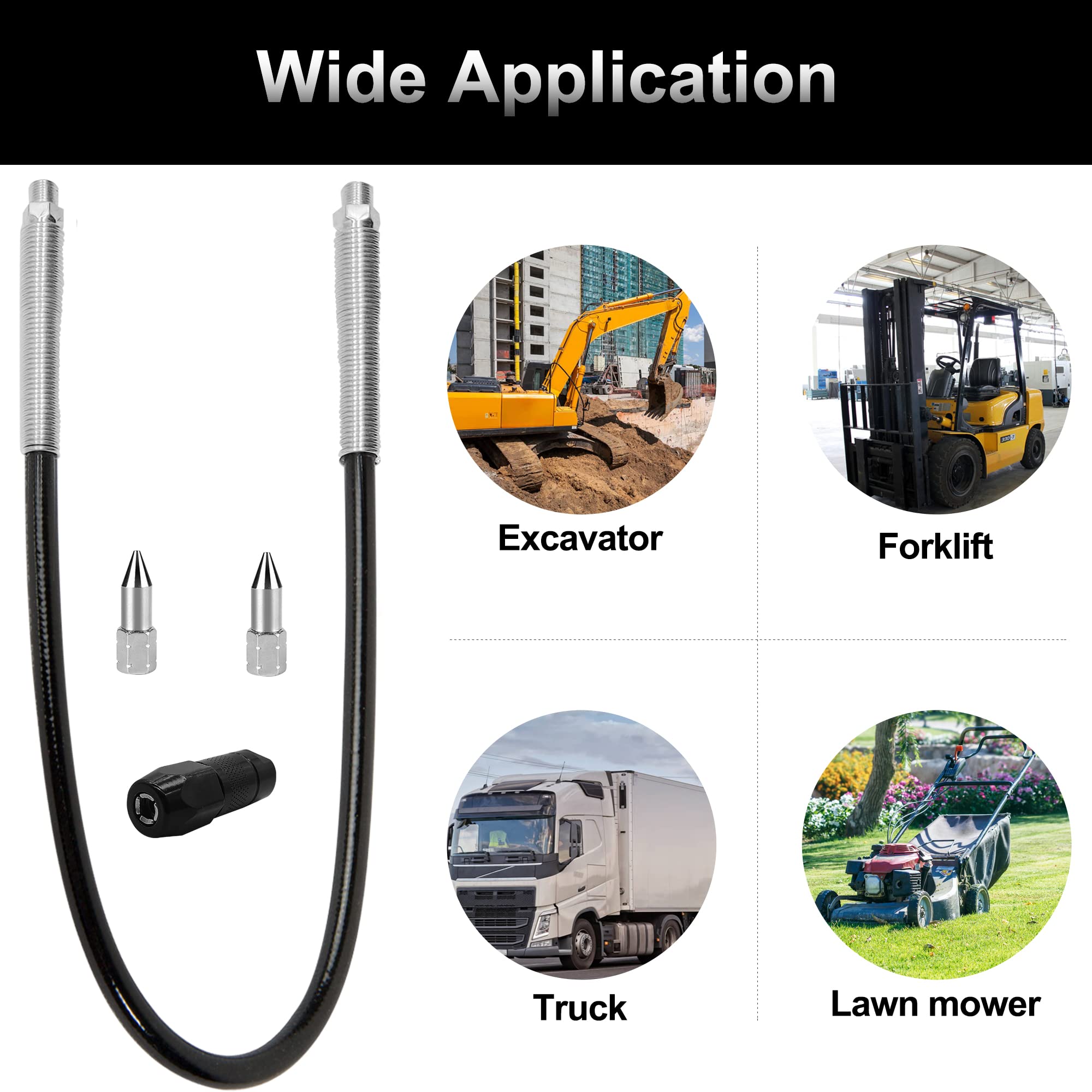 47in 4-Piece Grease Gun Hose Kit with Flexible Extension - Includes 4-Jaw Standard Couplers & 2 Sharp Nozzles (1/8