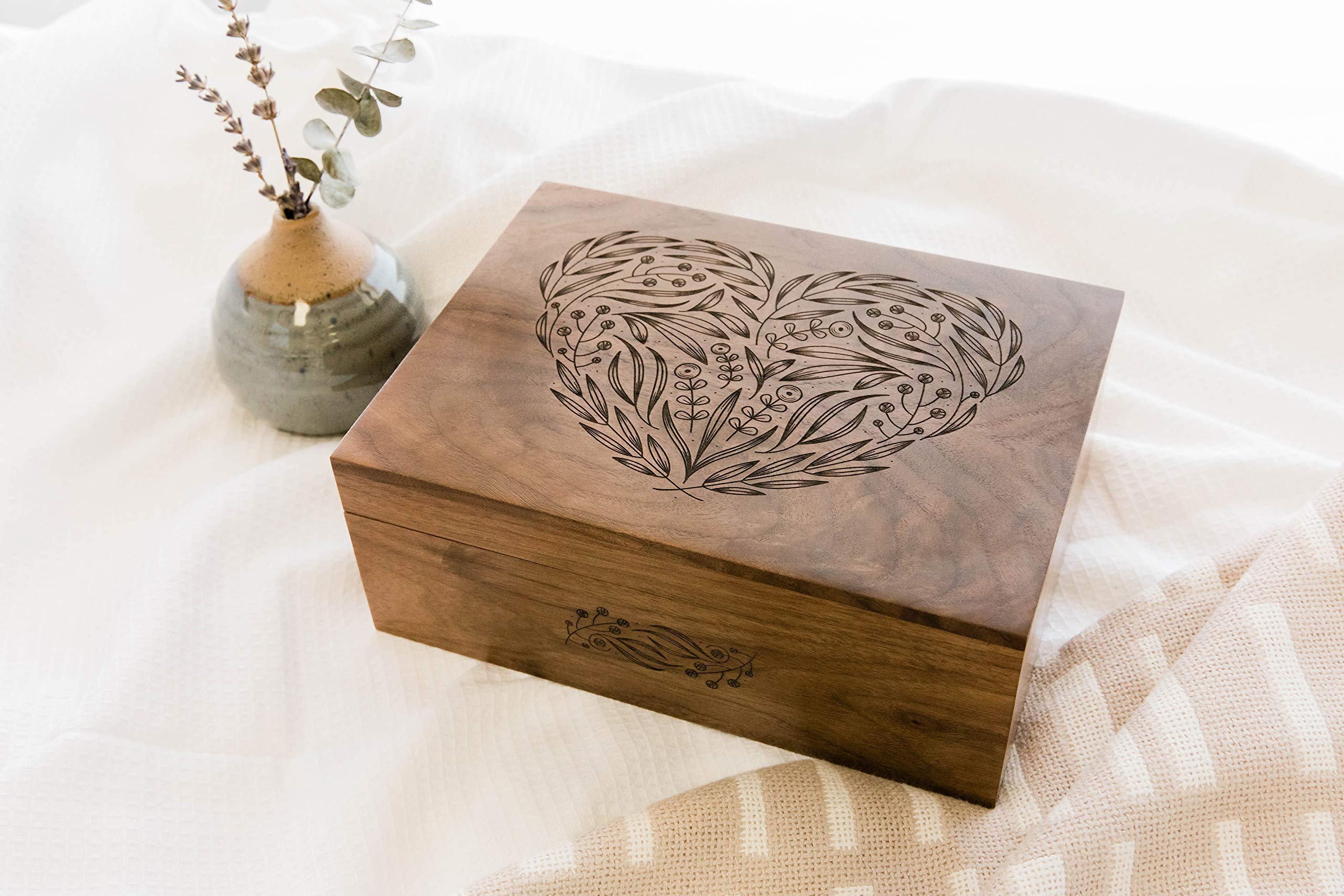 Floral Heart Engraved Wooden Memory Box - Personalized Wedding Anniversary Gift, Custom Keepsake Box for New Baby & Mother's Day Present - Handcrafted in USA | Perfect for Storing Jewelry, Love Letters & Cherished Mementos