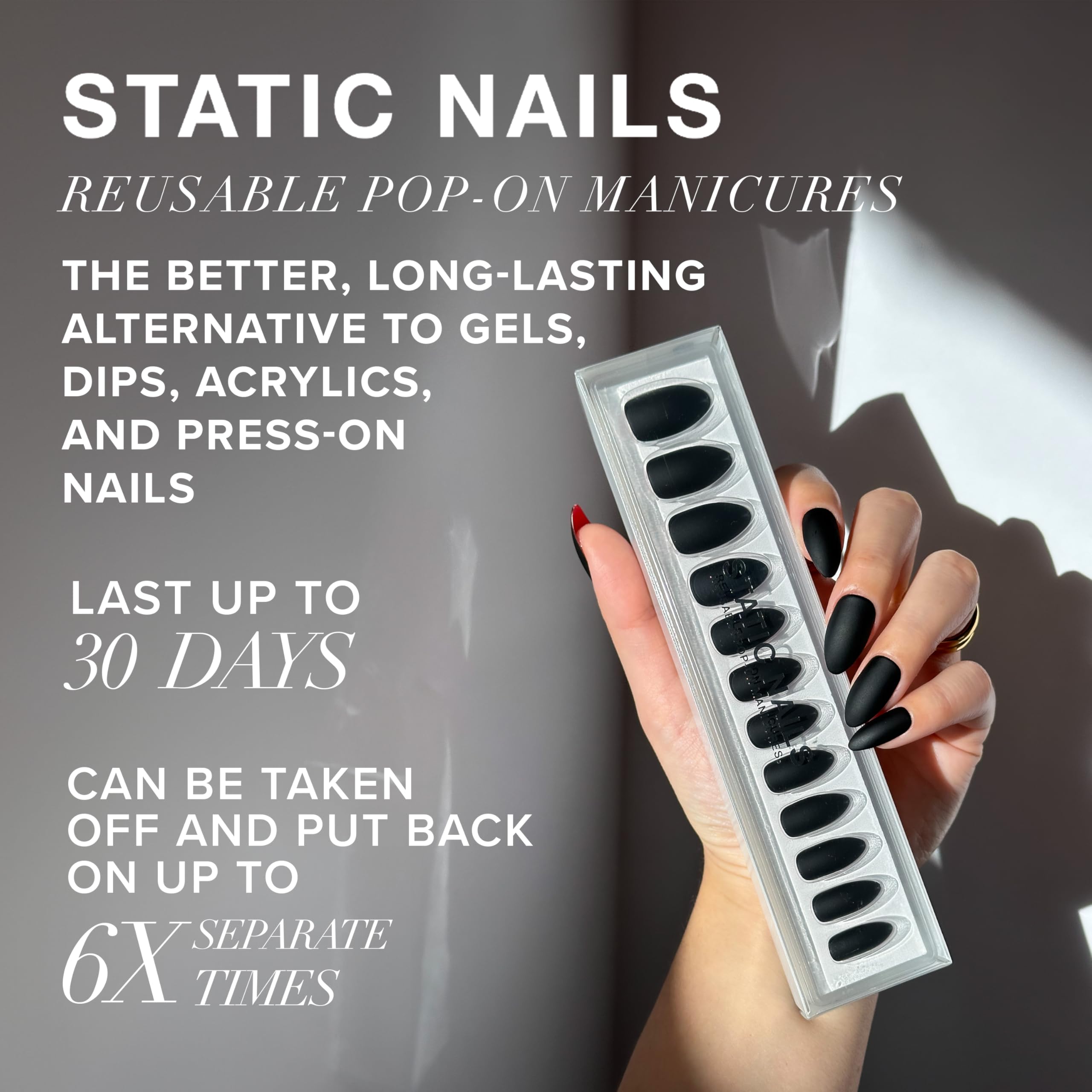 Static Nails Reusable Pop-On Manicure Set - Caviar | Solid Black Almond False Nails | Long Press On Nails Kit with Glue | Salon Quality Non-Damaging Acrylic Fake Nails for Women | Perfect for Parties, Weddings & Everyday Glam