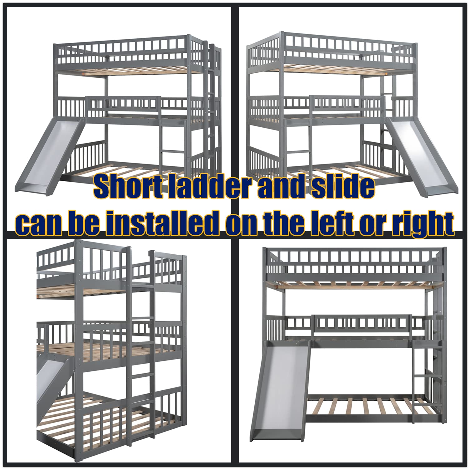 Sturdy Triple Bunk Bed with Slide for Kids - Gray Solid Wood | Space-Saving for Small Rooms
