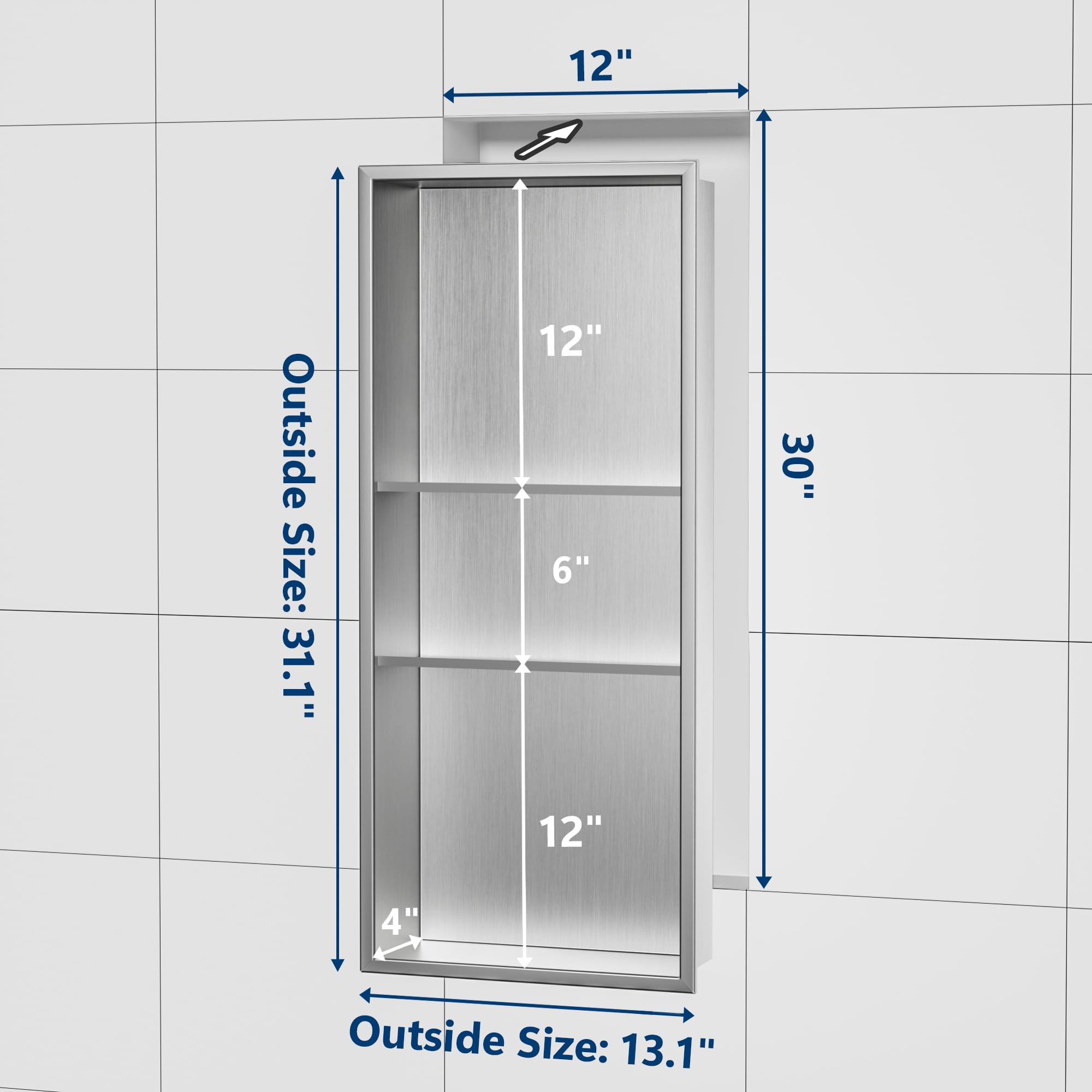 12x30 Inch Neodrain Shower Niche - 3 Layer Brushed Stainless Steel Recessed Bathroom Storage Shelf | Waterproof Shower Organizer for Shampoo, Soap & Bath Essentials