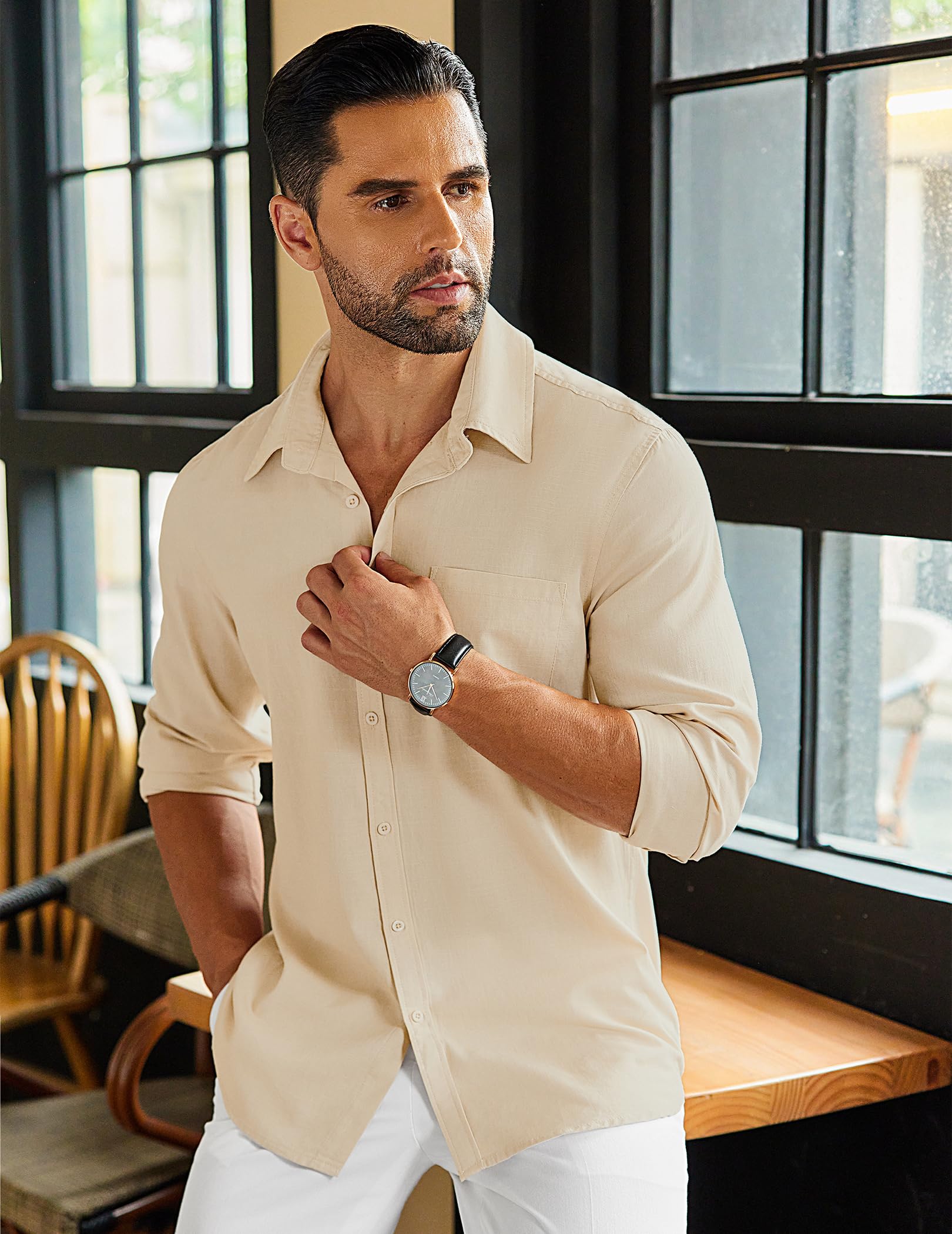 COOFANDY Men's Long Sleeve Button Down Shirt | Casual Linen Dress Shirt for Beach & Office | Breathable Untucked Summer Shirt in Khaki - Perfect for Vacation, Business Casual & Outdoor Activities
