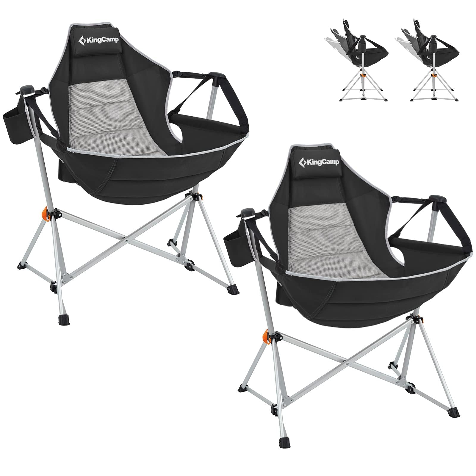 KingCamp Oversized Folding Camping Chair with Adjustable Back & Footrest - Portable Hammock Rocking Chair for Outdoor, Beach, Lawn, Patio, Backyard Relaxation | Includes Cup Holder & Removable Pillow
