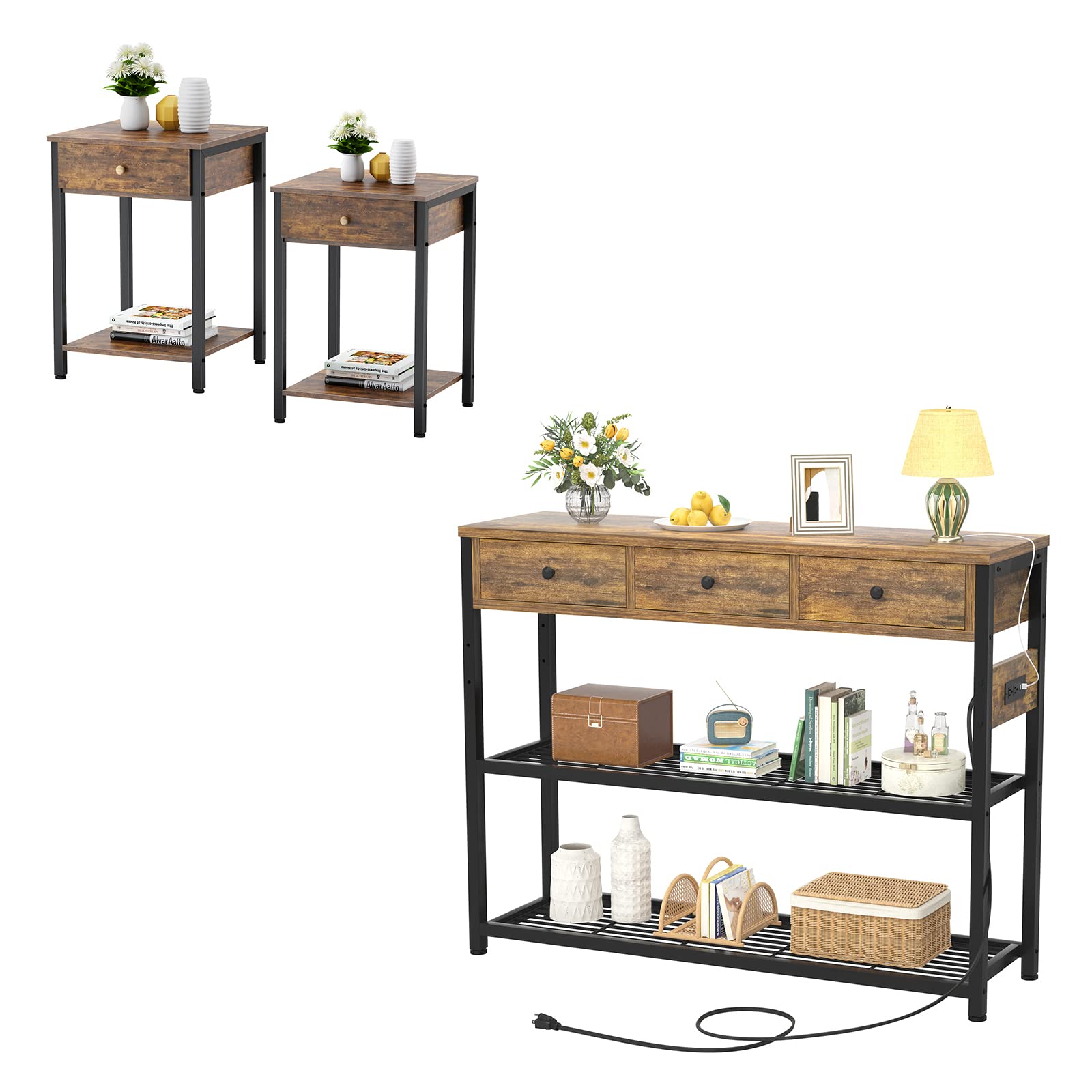 Industrial Nightstand Set of 2 with Drawers & USB Charging - Rustic Side Tables with Storage Shelf & Outlets for Bedroom, Living Room, Entryway - 47