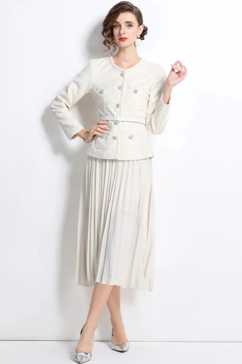 Elegant Cream Sequin Boucle Tailored Midi Dress for Women - Perfect for Cocktail Parties, Weddings & Evening Events