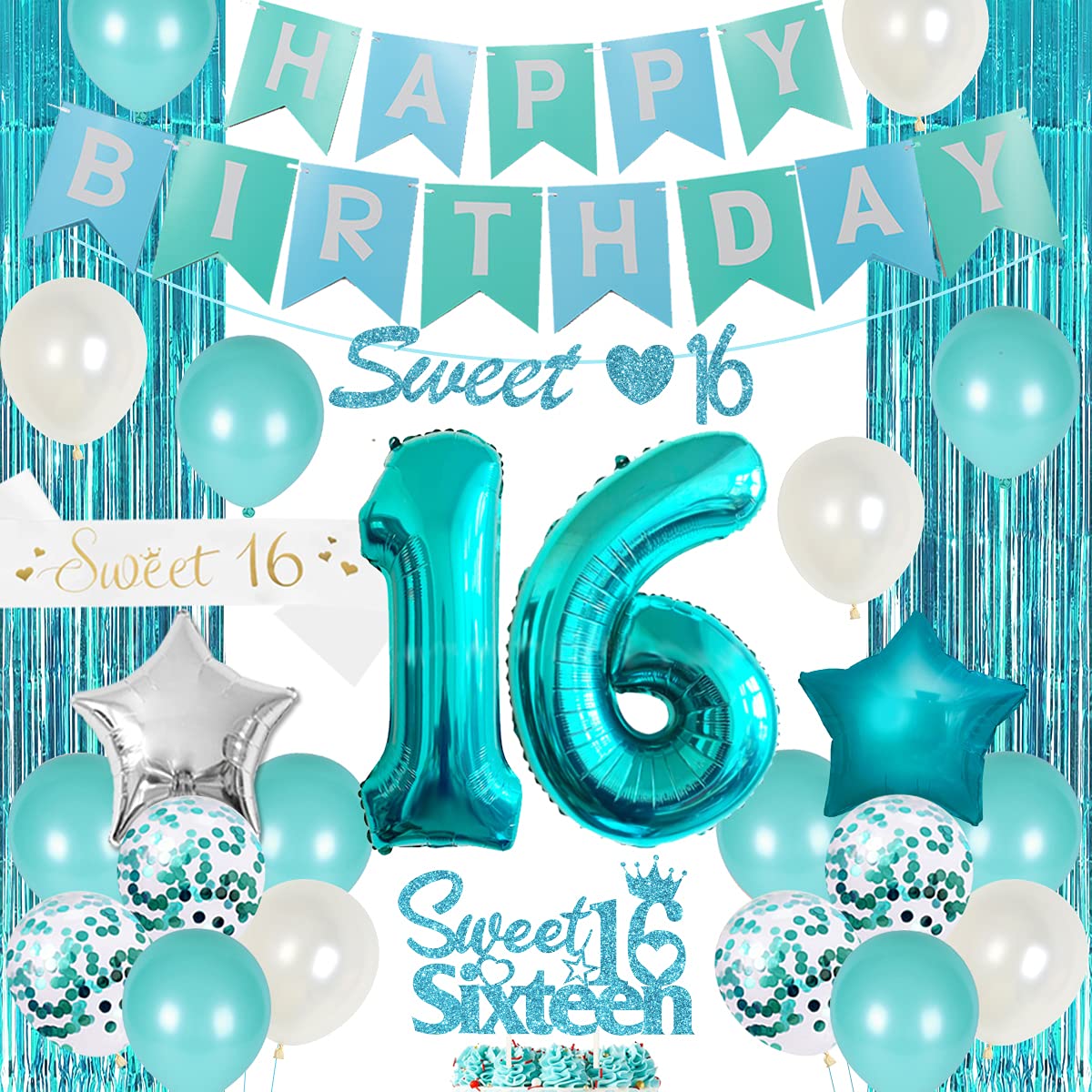 Sweet 16 Birthday Party Decorations for Girls - Teal & Turquoise Happy Birthday Banner, Sash, Cake Topper, Fringe Curtains & Number 16 Balloons | 16th Birthday Party Supplies for Teen Girls, Sweet Sixteen Decorations (Perfect for Birthday Parties, Photo Booths & Celebrations)