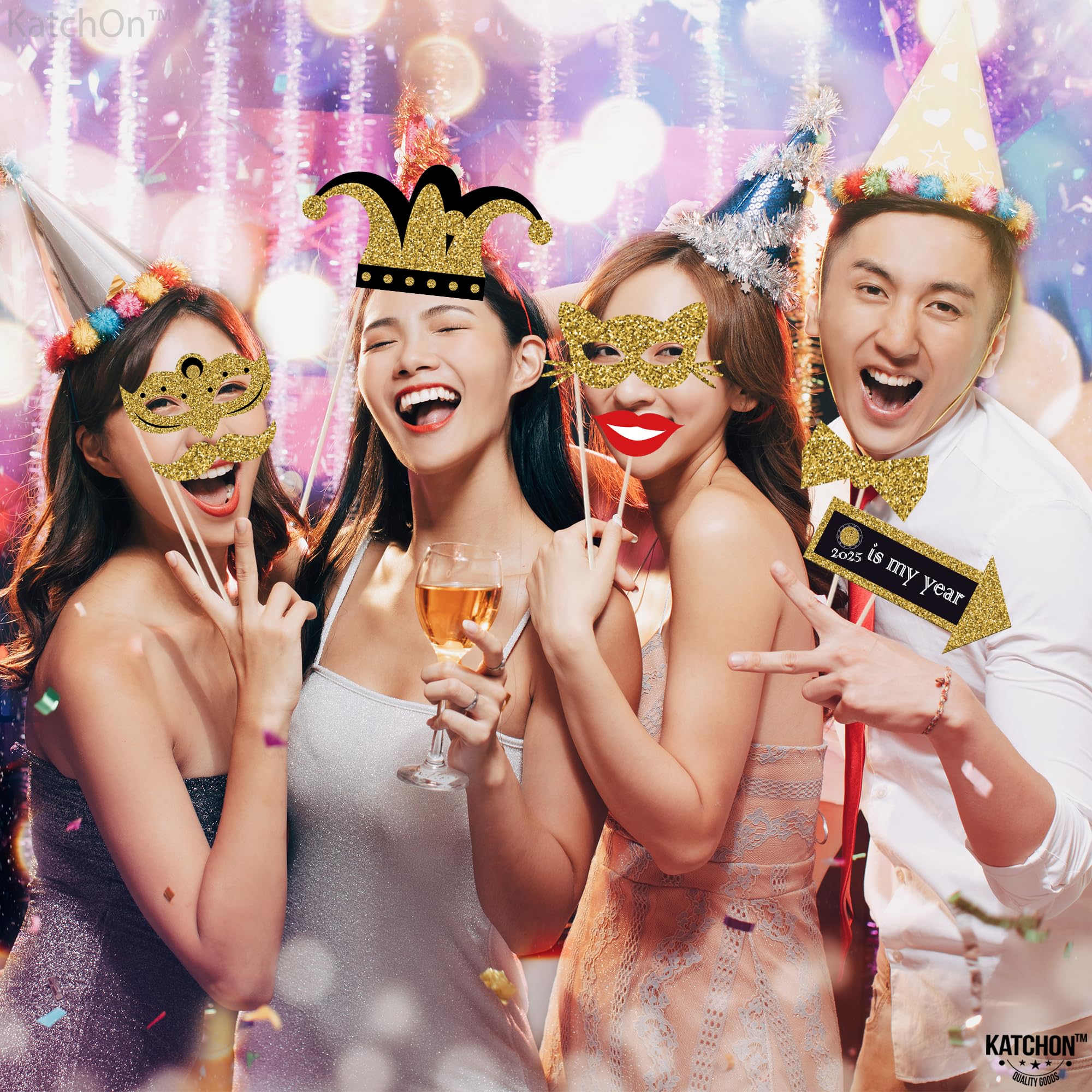 KatchOn 36-Pack Glitter NY Photo Booth Props for New Year's Eve 2025 | NYE Party Decorations, New Years Eve Party Supplies for Celebrations, Countdowns & Social Media Photos