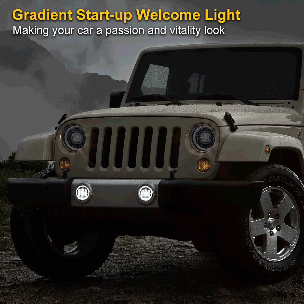 LOYO 7 Inch Dragon Eye LED Headlights with Amber Turn Signals + 4 Inch Fog Lights Halo Ring Kit for Jeep Wrangler JK TJ LJ (1997-2017) - Off-Road Adventure & Night Driving Upgrade