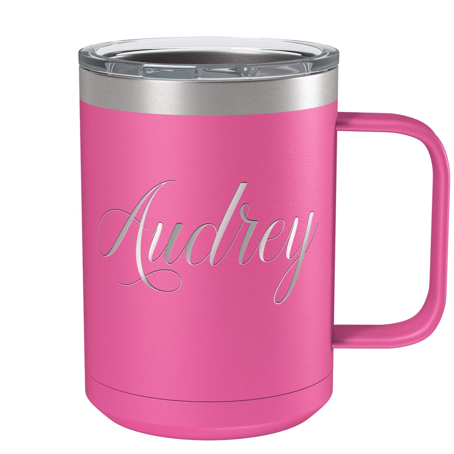 Personalized Pink Matte Finish 15 oz Stainless Steel Vacuum Insulated Coffee Mug with Handle - Custom Engraved Gift for Her, Perfect for Office, Home & Travel Use