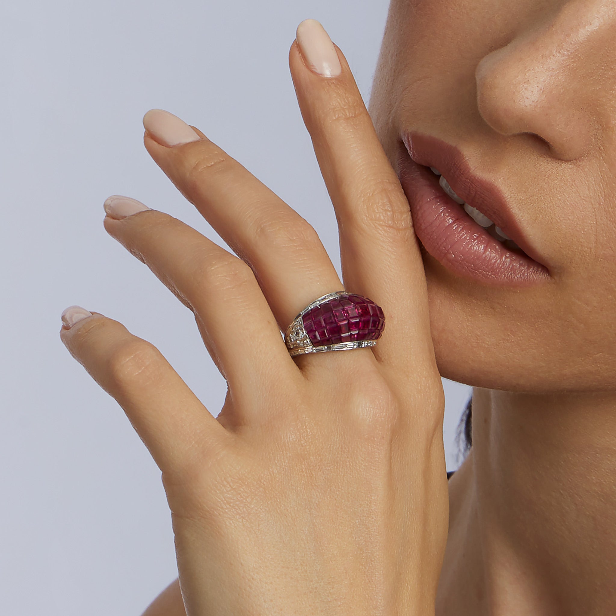 Exquisite French Invisibly Set Ruby and Diamond Bombé Ring for Women | Elegant Wedding, Engagement & Anniversary Jewelry Gift