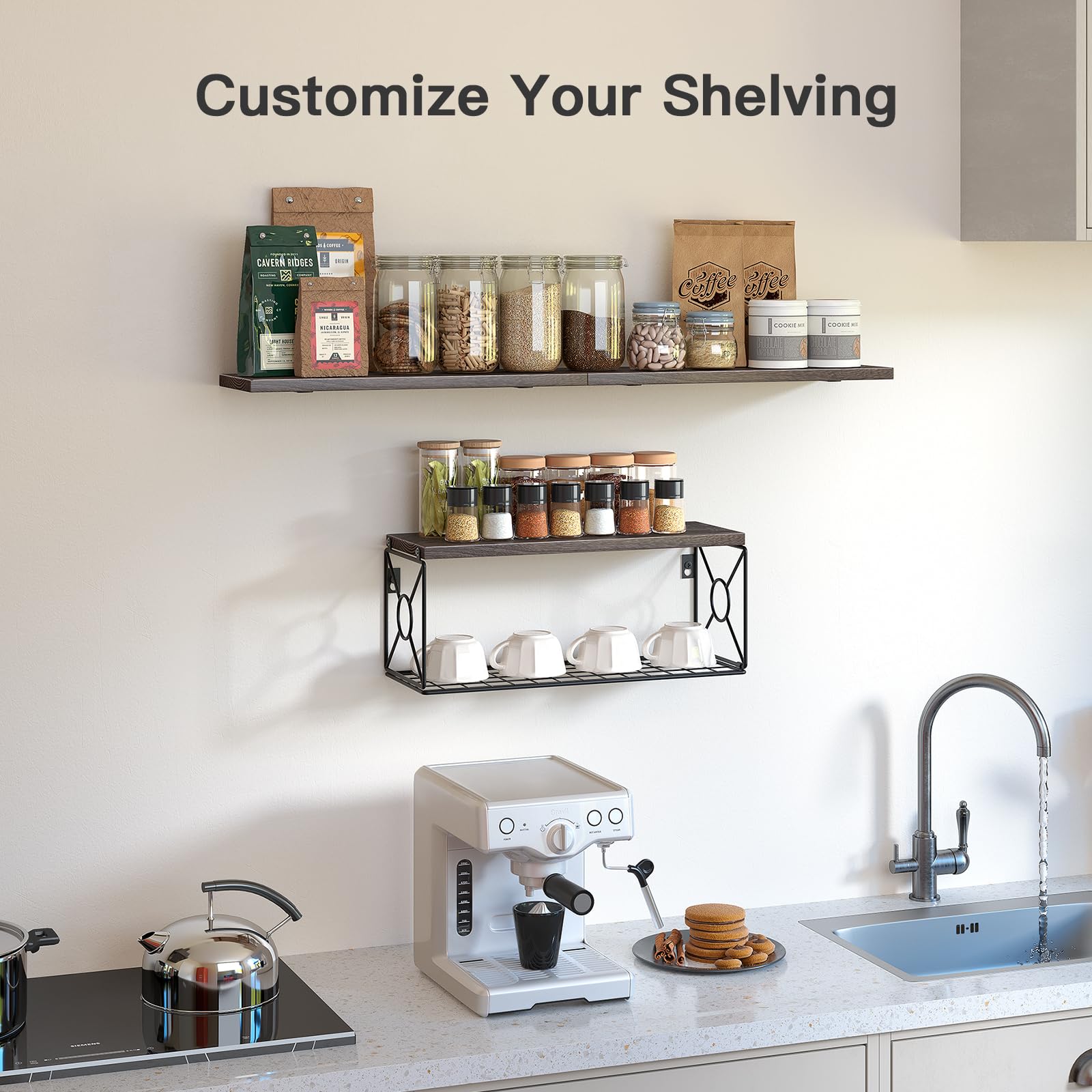 AMADA HOMEFURNISHING Floating Bathroom Shelves with Storage Basket - 3-Pack Natural Wood Wall Shelves for Bathroom, Bedroom & Kitchen Organization - Perfect for Small Space Storage & Home Decor