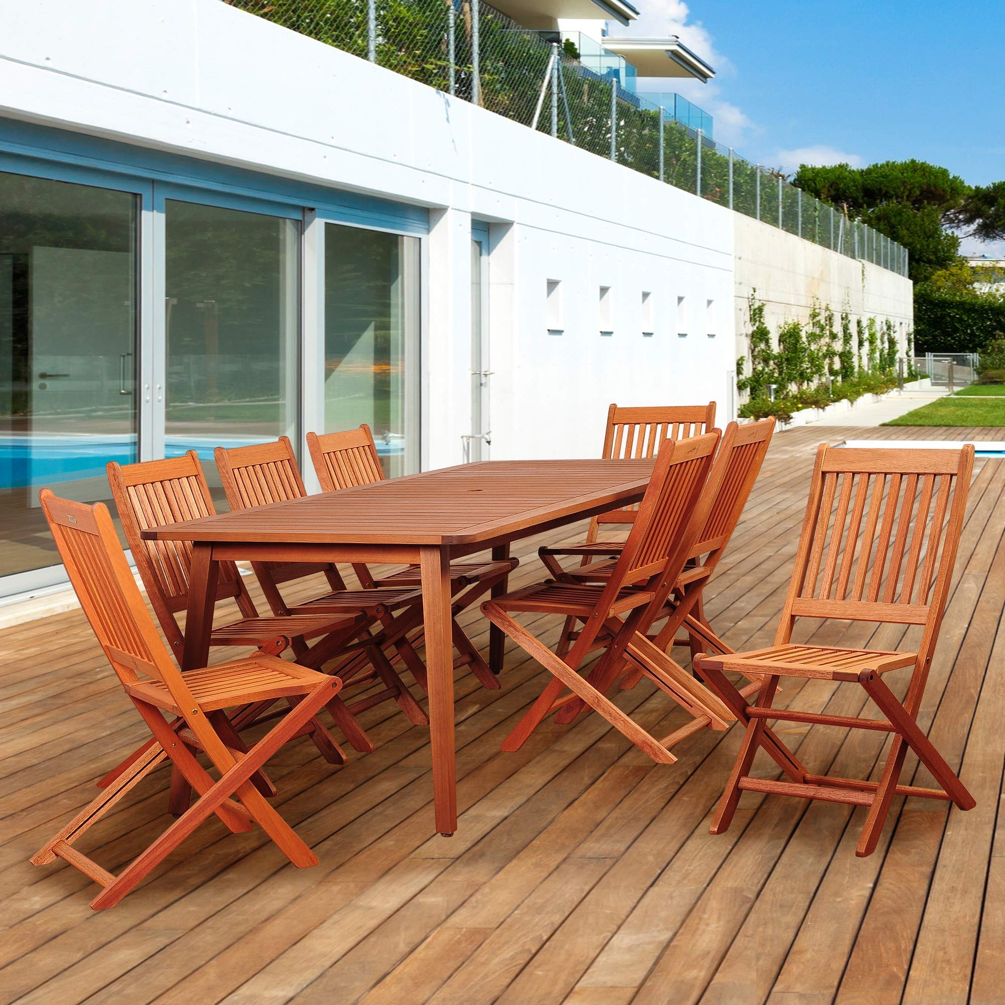 9-Piece Brown Eucalyptus Rectangular Outdoor Patio Dining Set with Off-White Cushions - Perfect for Backyard BBQs and Garden Gatherings