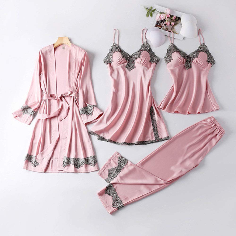 AAJIA Women's 4-Piece Faux Silk Pajama Set - Elegant Lace Sleepwear for Spring & Autumn | Sexy Lace Trim Nightwear for Home, Lounge & Special Occasions | Size XXL