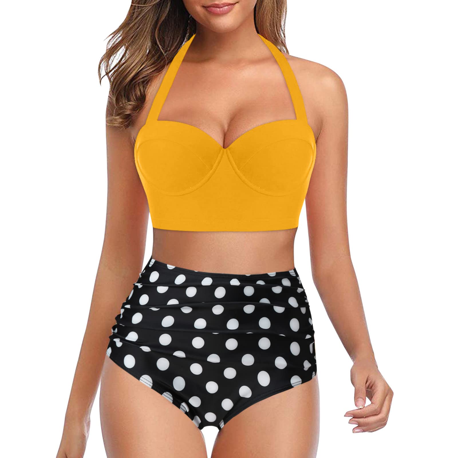 Vintage High Waisted Bathing Suits for Women - Halter Ruched Tankini Top with Retro Wrap Shorts | Swimwear for Beach, Pool & Vacation | Women's Vintage Print Two Piece Swimsuits