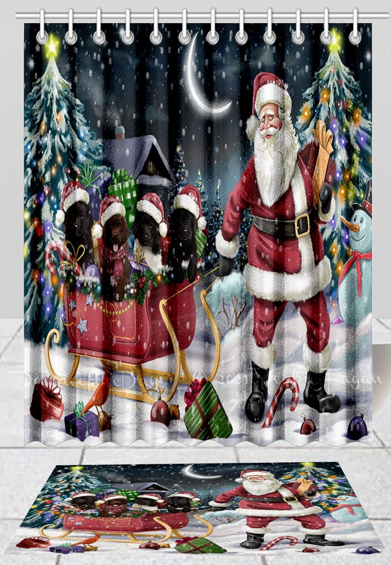 Newfoundland Dogs Christmas Santa Sled Shower Curtain and Bath Mat Set - Anti-Slip Bathroom Decor, Plush Rug, Polyester Bathtub Curtain with Hooks (16