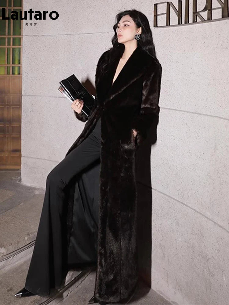 **Women's Extra Long Thick Warm Faux Mink Fur Coat - Soft Fluffy Shawl Collar Maxi Overcoat for Winter & Fall 2023 | Elegant Outerwear for Parties, Dates & Cold Weather**