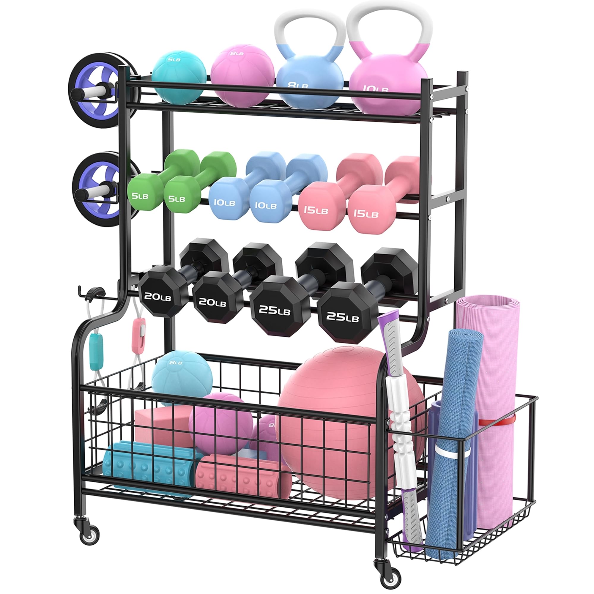 Dumbbell Rack for Home Gym - Heavy Duty Weight Storage Organizer for Dumbbells, Kettlebells, Foam Rollers & Yoga Mats - Portable Workout Equipment Stand with Wheels - Perfect for Garage, Basement & Home Fitness Rooms