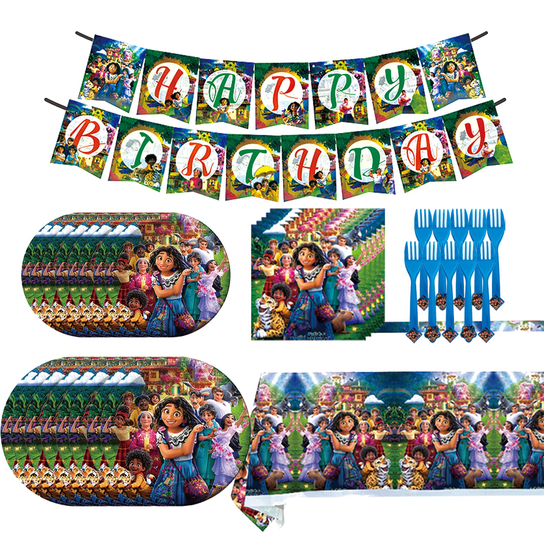 Encanto Magic Movie Themed Birthday Party Supplies Kit - Includes Banner, Plates, Napkins, Tablecloth & Forks for Kids Boys Girls Birthday Decorations | Perfect for Disney Movie Nights, Themed Parties & Children's Celebrations