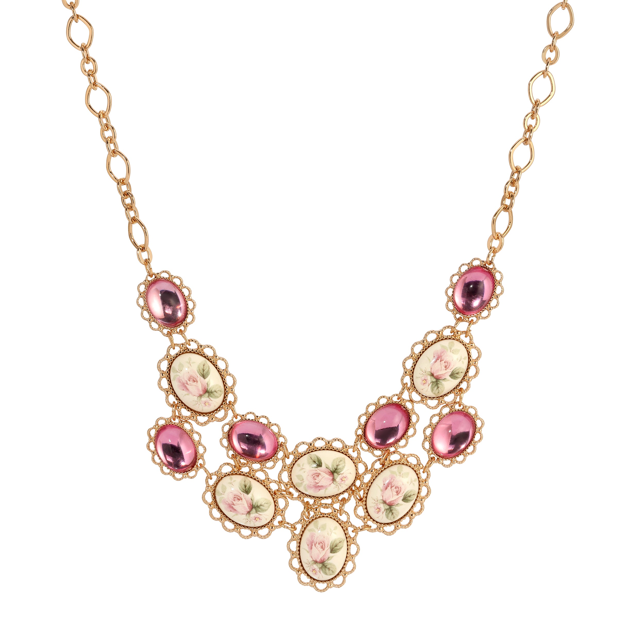 1928 Vintage Ceramic Rose & Pink Stone Bib Necklace - 15 Inch with 3 Inch Extension - Elegant Statement Jewelry for Weddings, Parties & Special Occasions