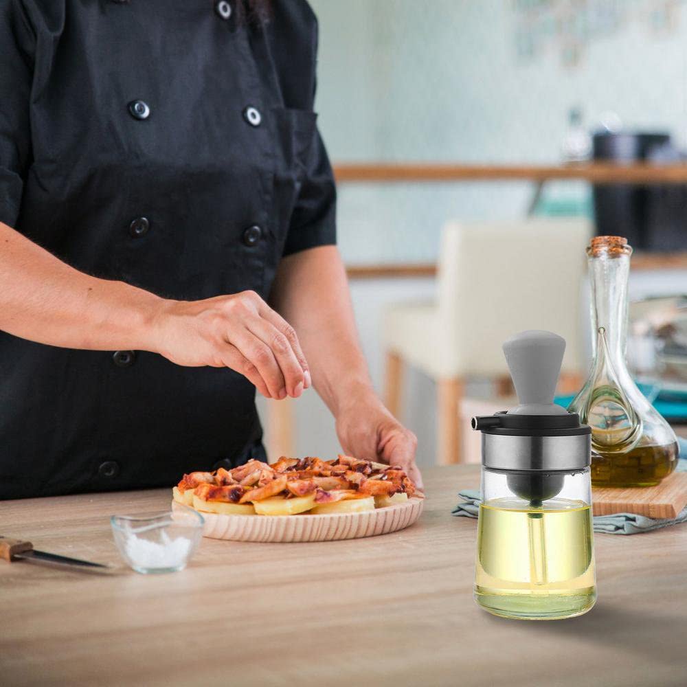 Premium Glass Olive Oil Bottle with Silicone Brush - 2-in-1 Oil Dispenser for Cooking, Frying, Baking & BBQ - Perfect for Kitchen, Air Fryer & Pancake Making (Grey)