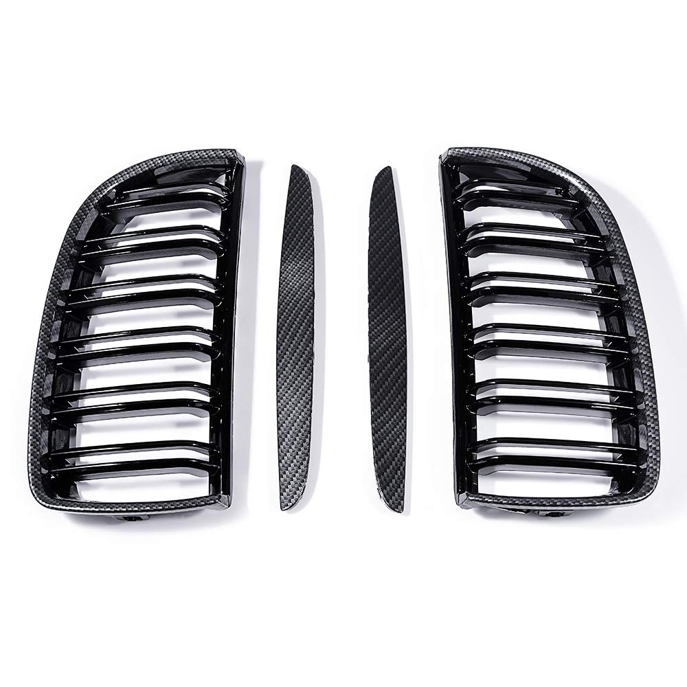 Compatible with 2005-2008 BMW E90 E91 Dual Slats Front Hood Kidney Grille Grill - Glossy Black & Carbon Fiber Style - Upgrade Your Car's Appearance for Street Style & Car Shows