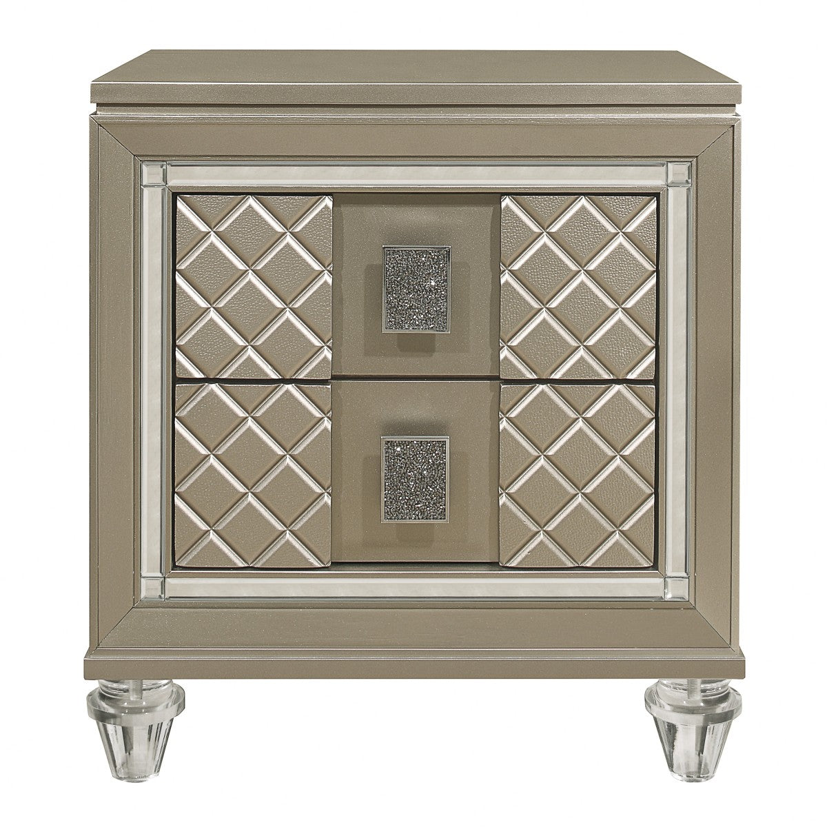 Elegant Champagne Metallic Nightstand with Embossed Drawer Fronts - Modern Bedside Table for Bedroom Decor, Perfect for Small Spaces & Guest Rooms