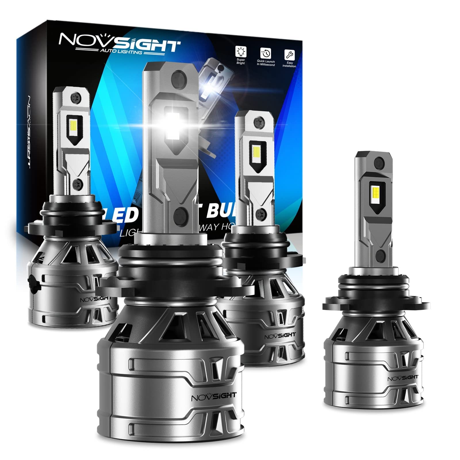 NOVSIGHT 9005/HB3 High Beam 9006/HB4 Low Beam LED Headlight Bulbs Combo - 120W 26000LM Super Bright 6500K Cool White - Plug and Play with Fan - Pack of 4 - Perfect for Night Driving, Off-Roading & Vehicle Upgrades