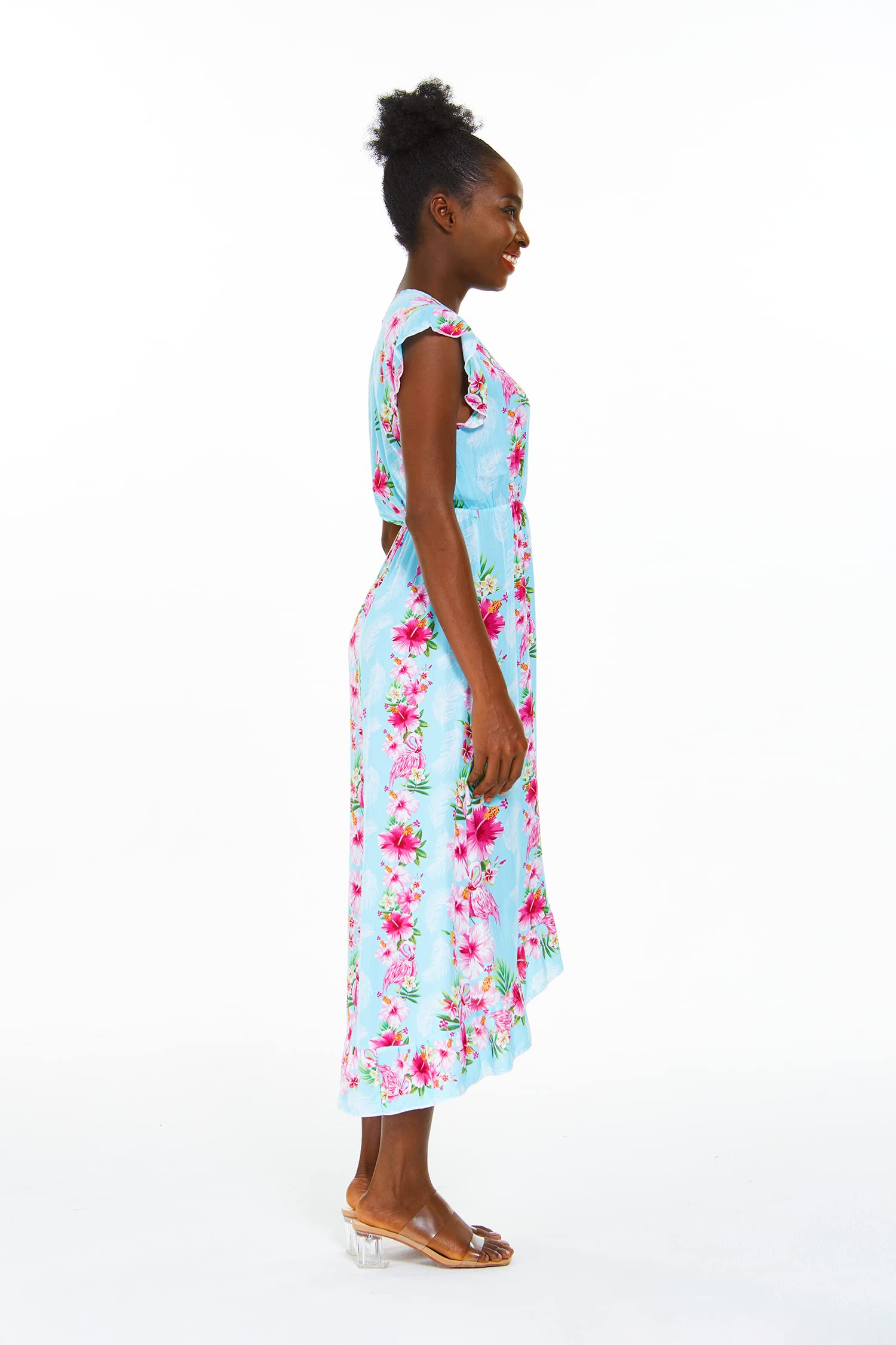 Hawaiian Luau Wrap Ruffle Dress for Women - Floral Hibiscus Vine Print - Perfect for Beach Parties, Summer Vacations & Tropical Getaways