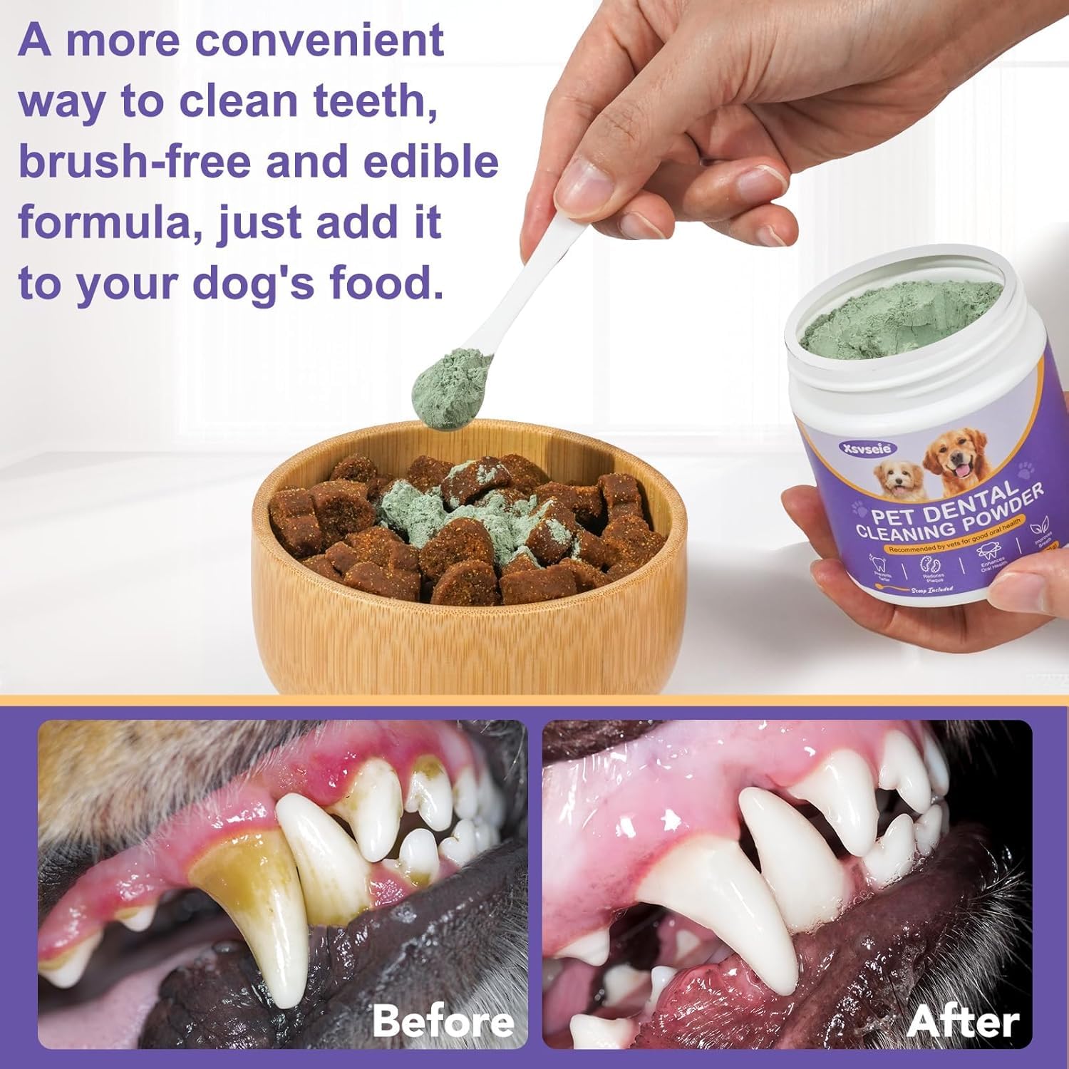 Natural Dog Teeth Cleaning Powder for Bad Breath Treatment - Dental Care Powder with Probiotics to Remove Plaque & Tartar - Freshen Dog Breath for All Breeds & Sizes - Perfect for Daily Oral Hygiene & Vet Visits
