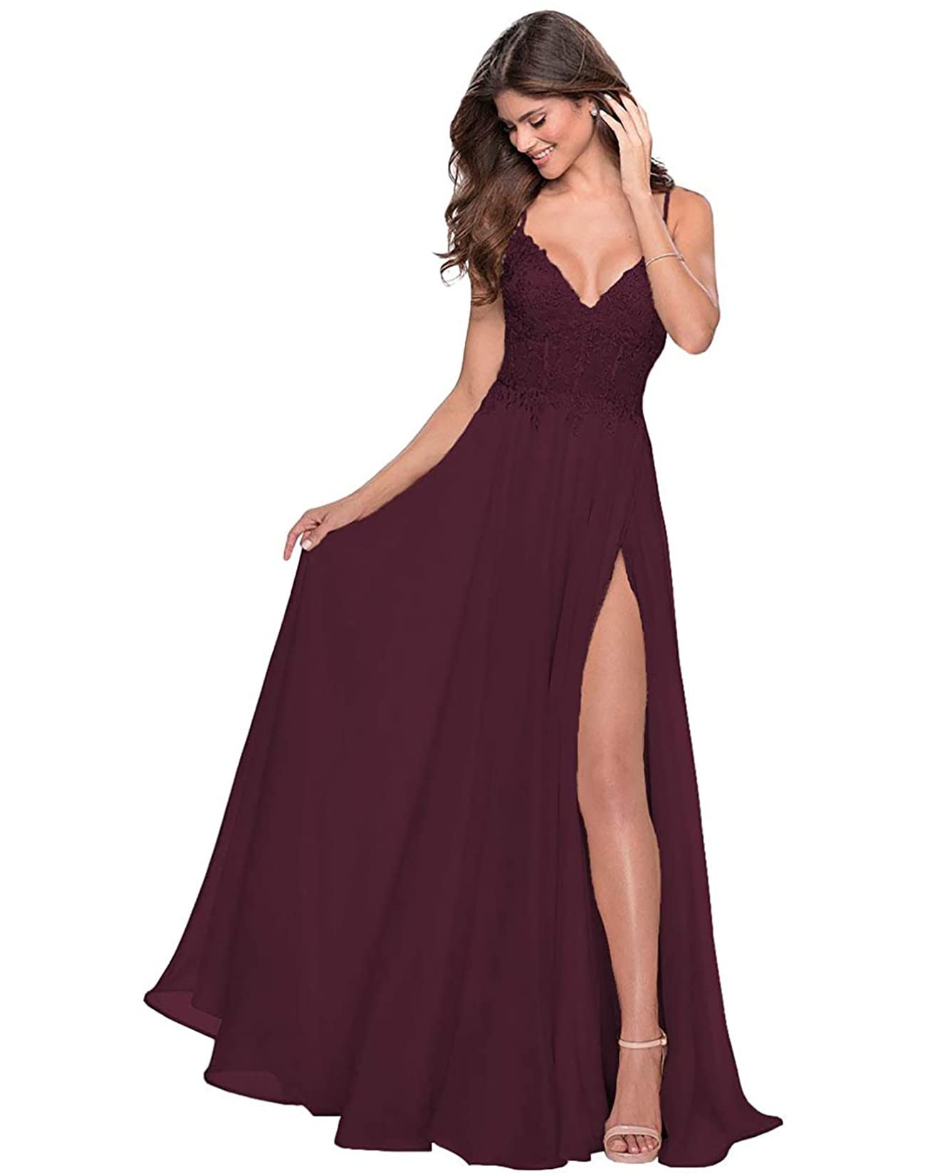Elegant Women's Lace V-Neck Formal Evening Dress - Sleeveless A-Line Chiffon Prom Party Maxi Gown with Thigh Split | Perfect for Weddings, Galas, Cocktail Parties & Special Occasions