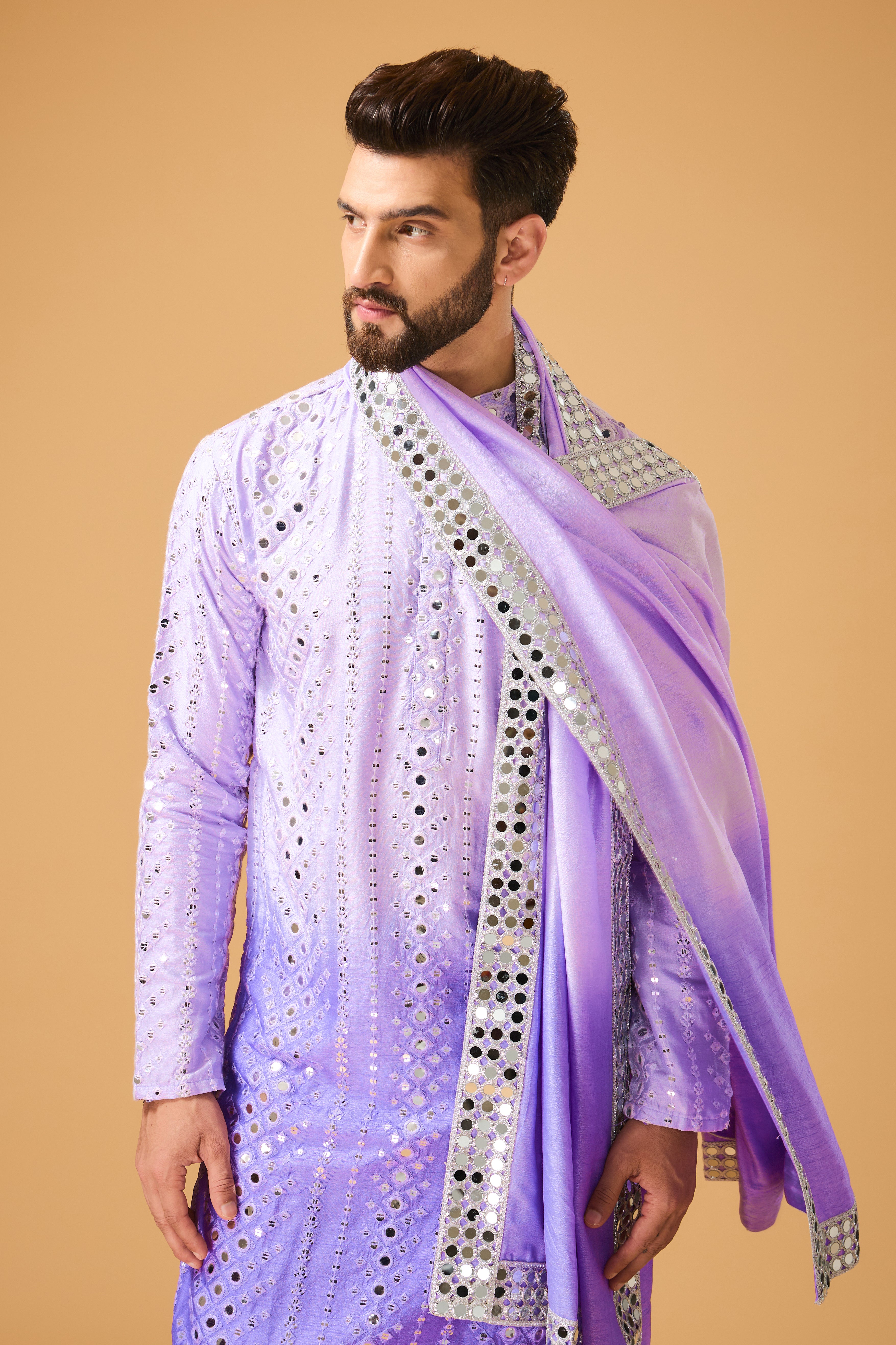 Elegant Purple Ombre Mirror Work Kurta with Matching Stole - Perfect for Festivals, Weddings & Ethnic Fashion