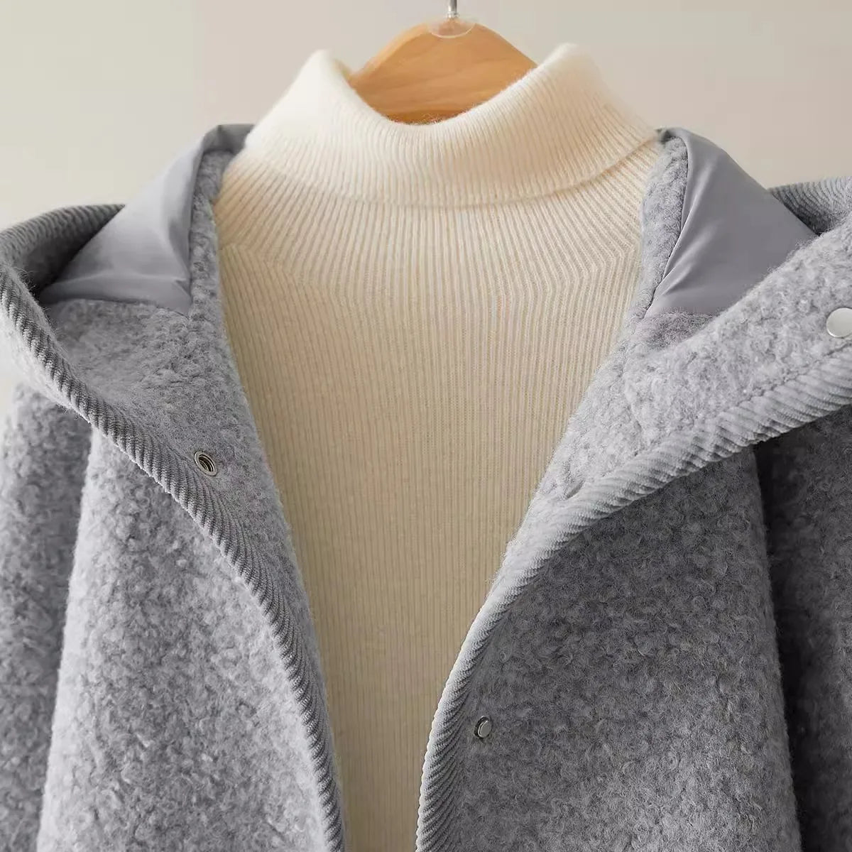 Women's Grey Hooded Jacket - Korean Fashion Long Sleeve Single Breasted Coat for Autumn Winter | Casual Loose Fit Holiday Tops | Perfect for Daily Wear, Travel & Outdoor Activities
