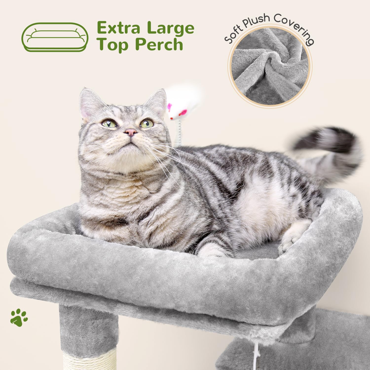 50-inch FC50 Cat Tree Tower for Large Indoor Cats - Multi-Level Cat House with Scratching Posts, 2 Cozy Cat Caves, Dangling Toys & Steps - Light Grey - Perfect for Play, Rest & Climbing in Home or Apartment