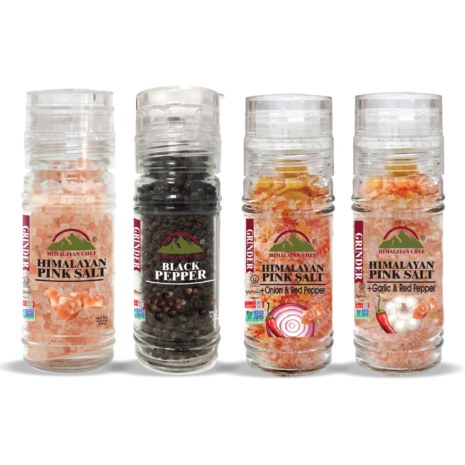 Himalayan Chef Premium Salt & Pepper Grinder Set - Pink Salt, Black Peppercorn, Onion Salt & Garlic Salt (4-Pack) - Ideal for Cooking, Seasoning & Gourmet Meals
