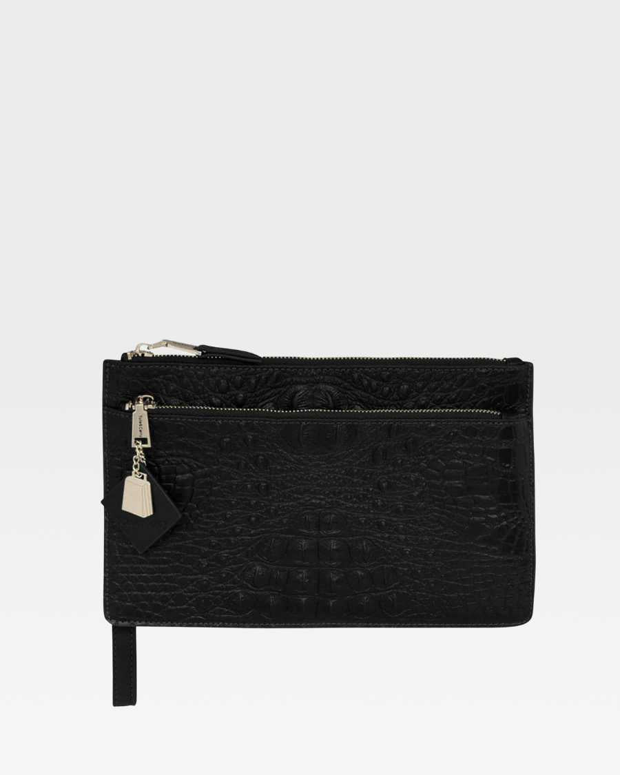 Apollo 2 Black Leather Clutch Purse for Women - Elegant Evening Bag for Parties, Weddings & Special Occasions